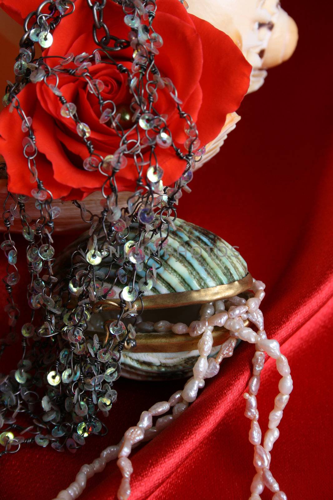Beautiful shell container with jewellery and string of pearls