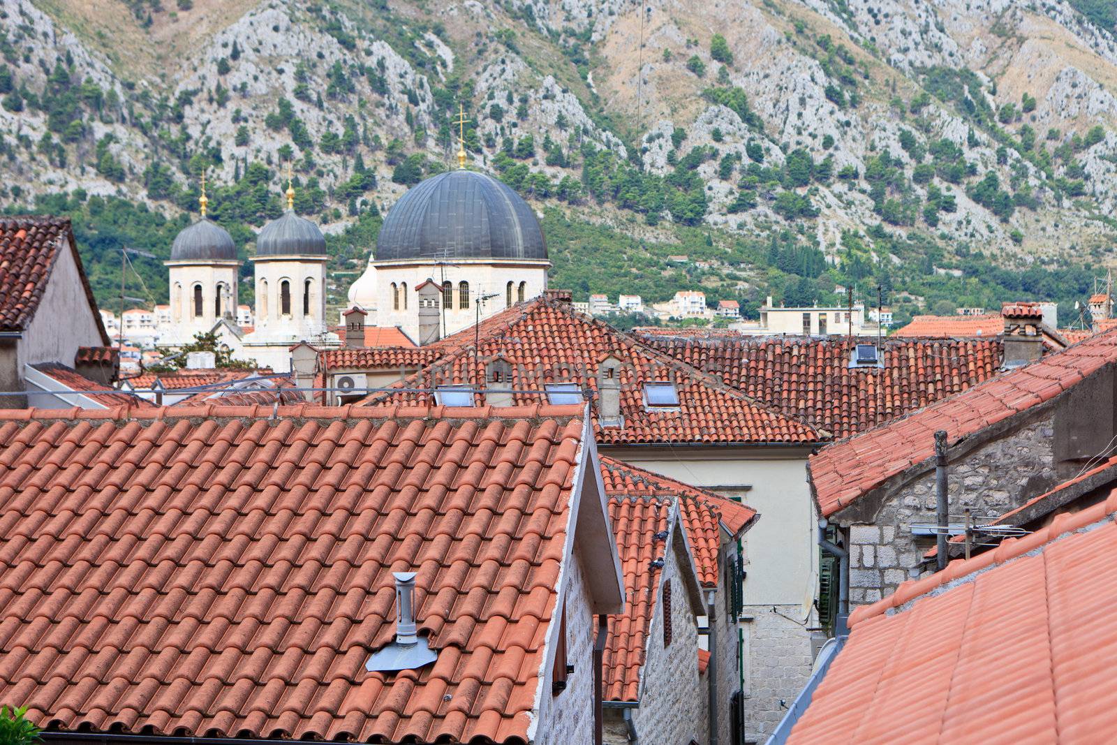 Kotor orange rooftops and grey church towers