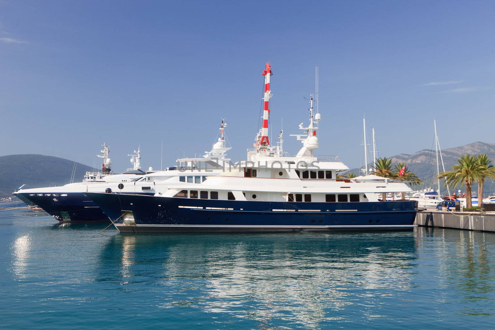 Luxury expensive motor yachts at dock in Montenegro