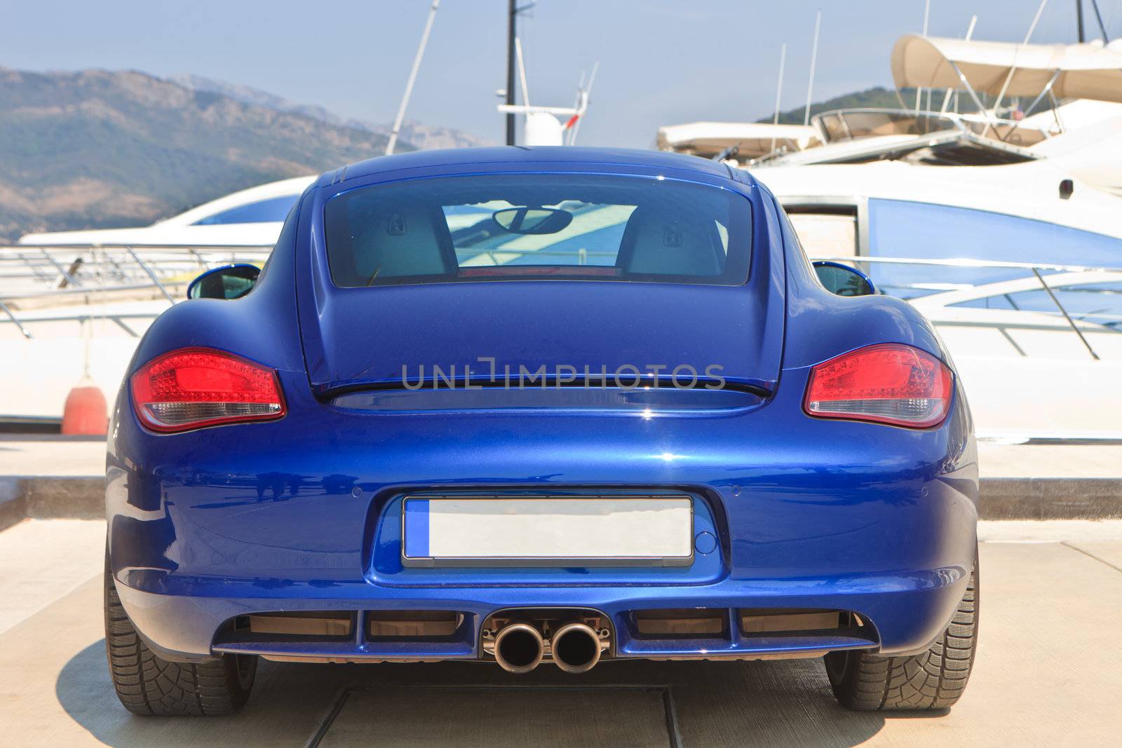 Metallic blue sports car back