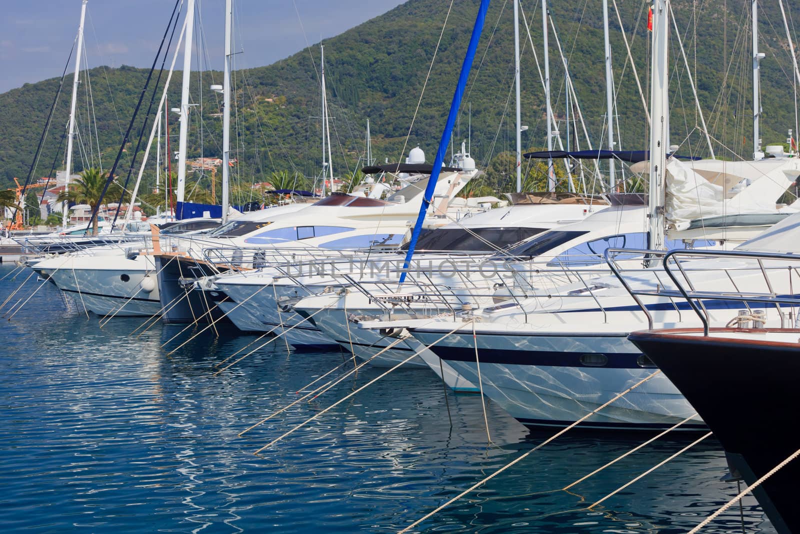 Boat bows at anchor in Montenegro in the summer