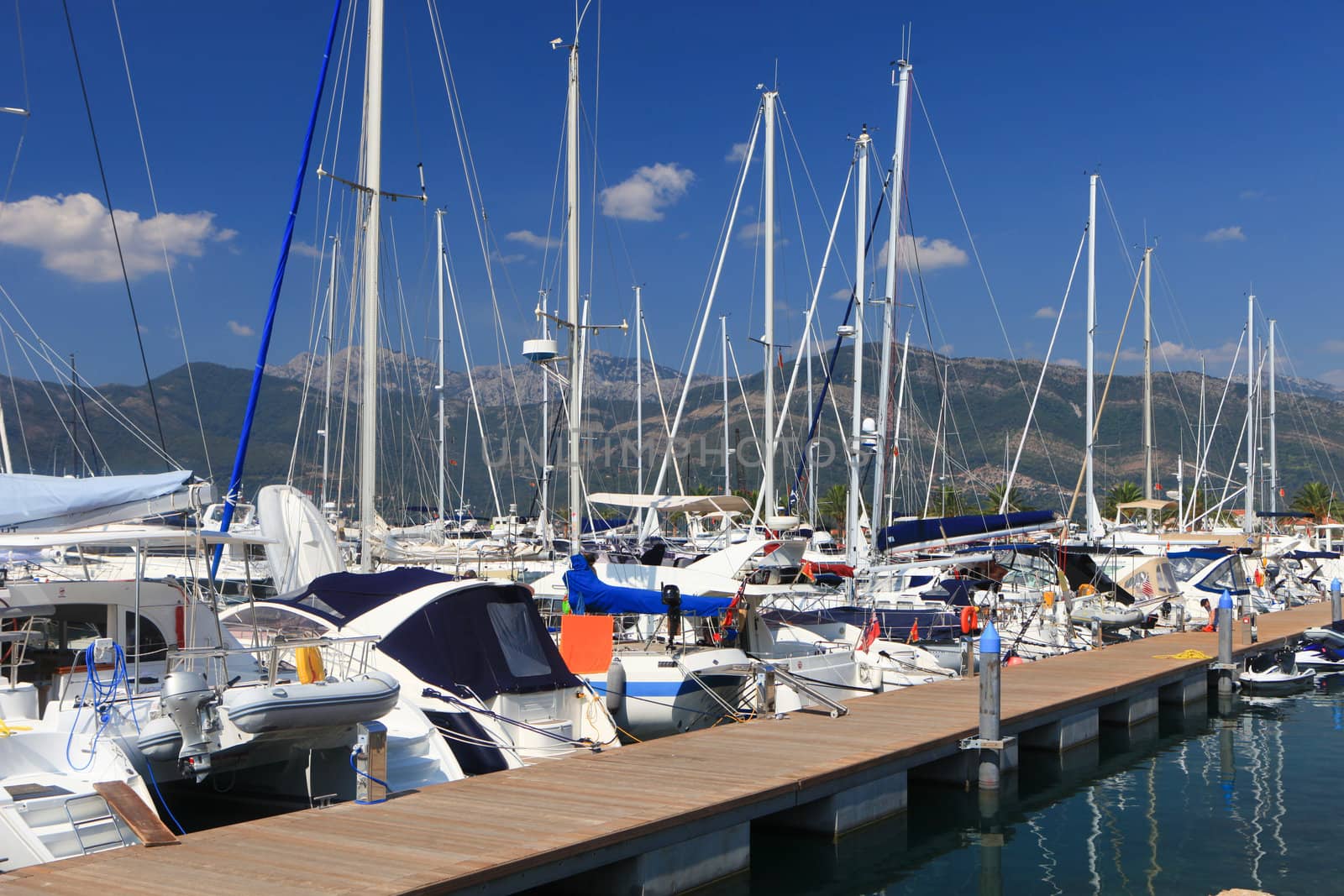 Luxury sailboats at dock against a floating wooden jetty