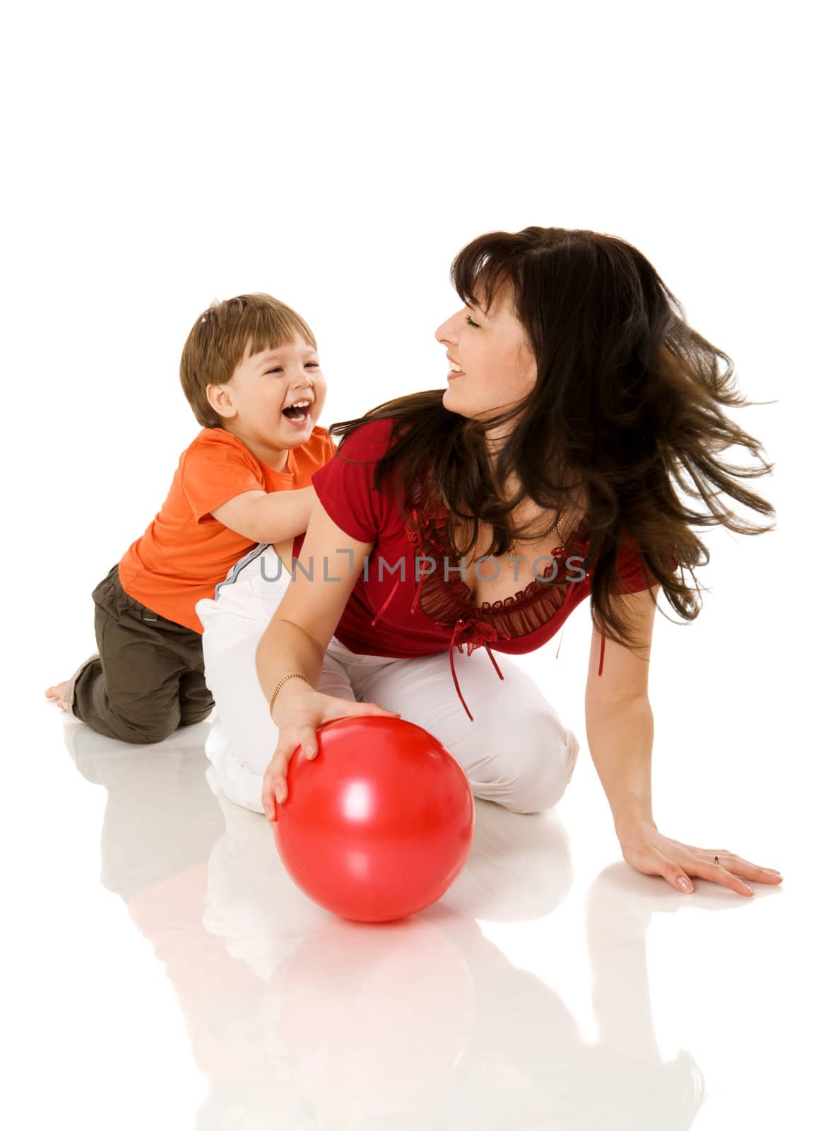 Happy mother playing with son isolated on white