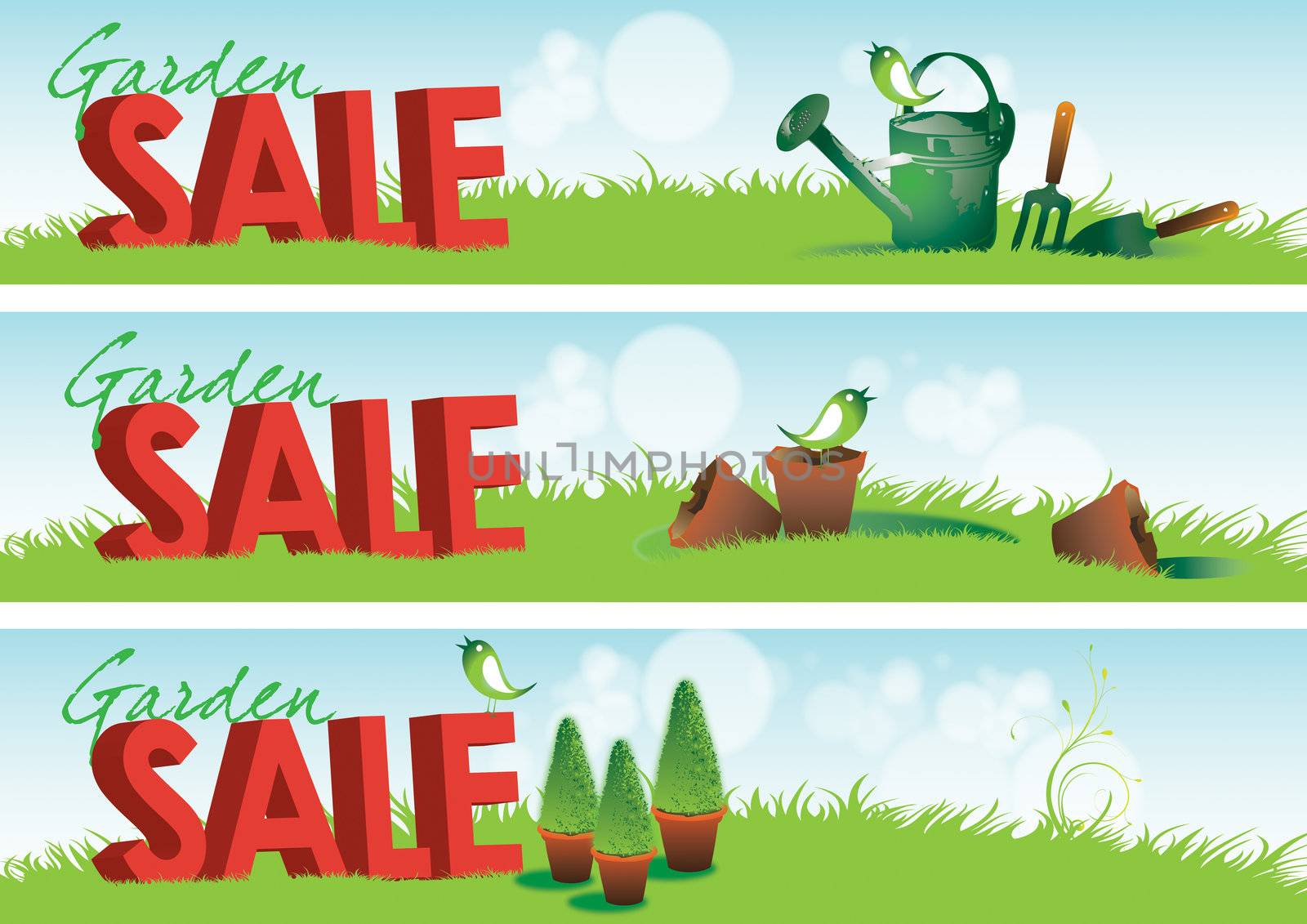 Three garden themed horizontal banners with 3d rendered type spelling the word sale set in green grass with various garden tools and broken terracotta pots.