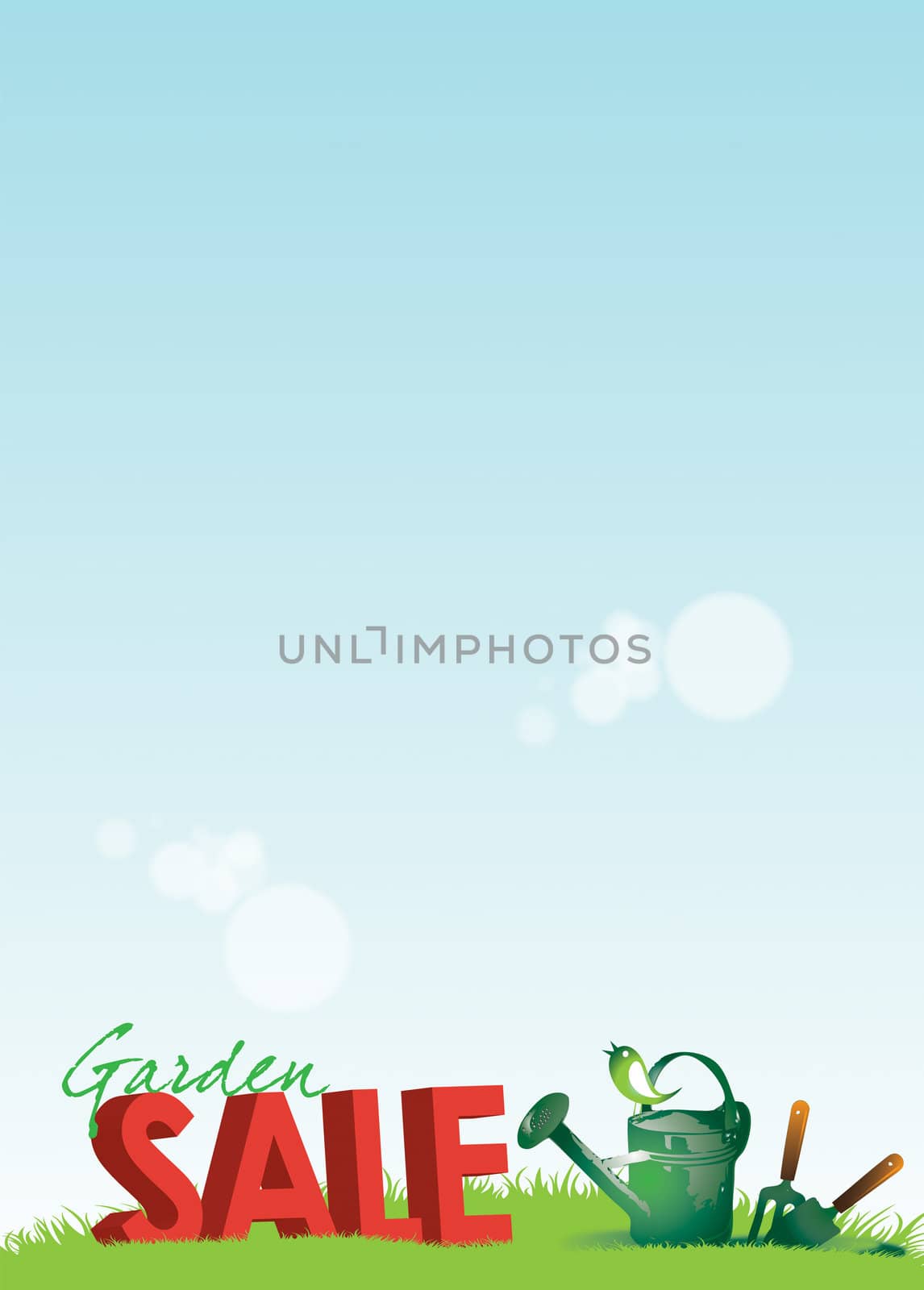 A portrait format poster with a garden theme. Copy space available to top of image with 3d rendered type to base spelling sale with grass and garden tools.