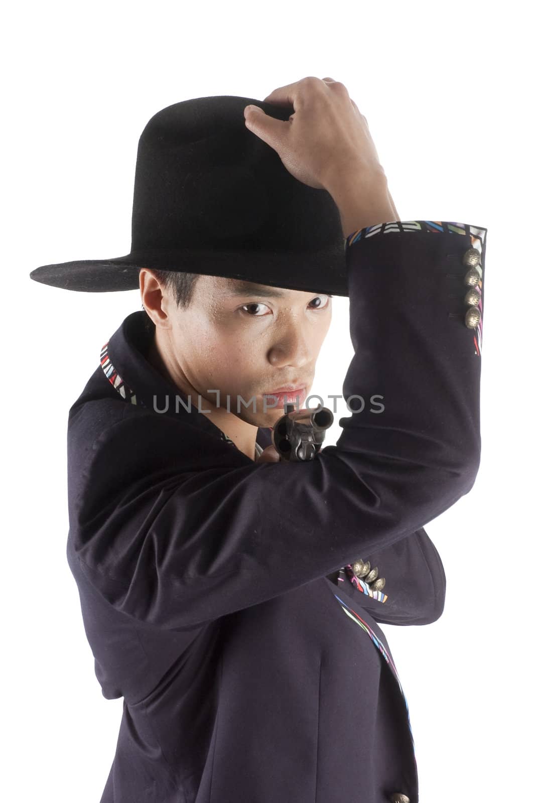 Asian cowboy pointing gun at viewer