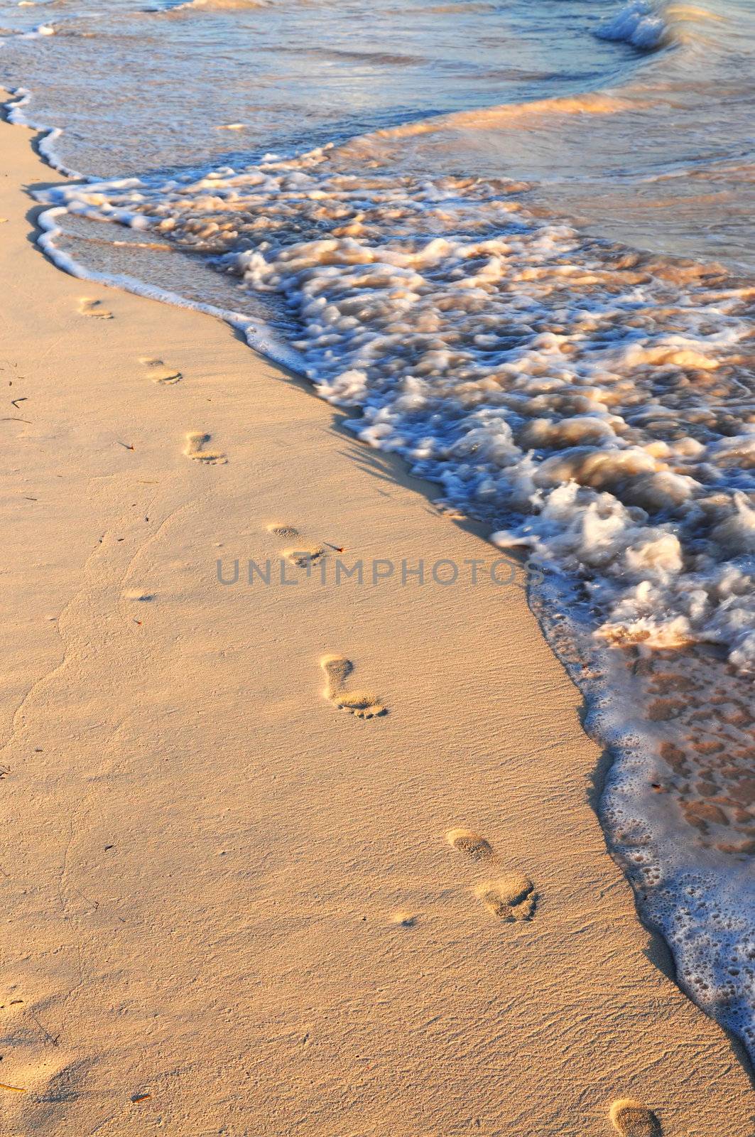 Footprints on sandy tropical beach washed away by waves