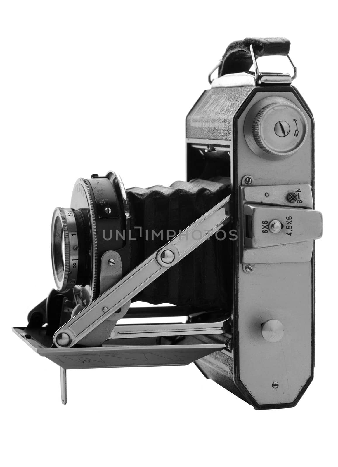 Open old bellows camera 6x9 isolated white background