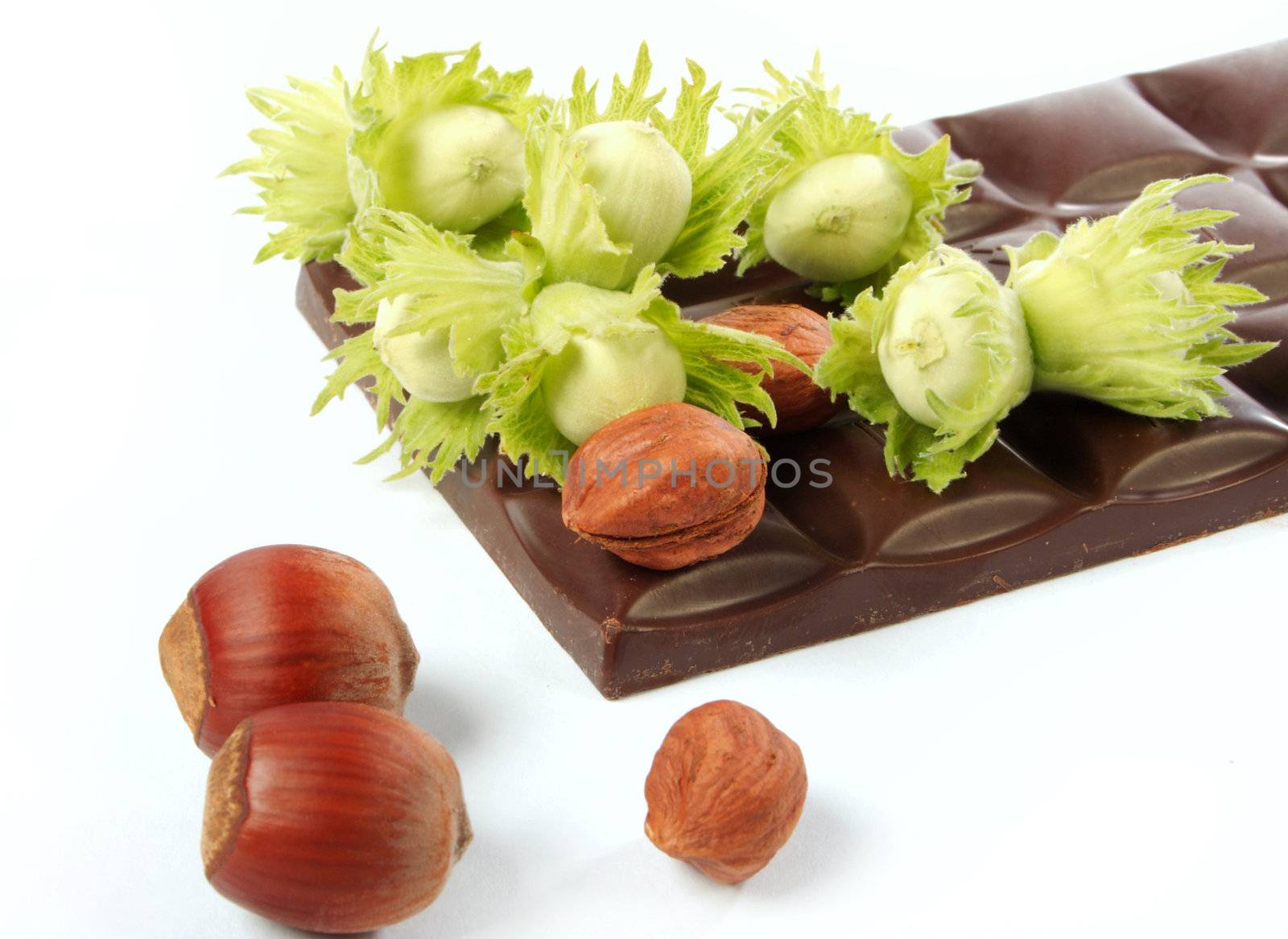 Piece of chocolate and wood nuts on a white background
