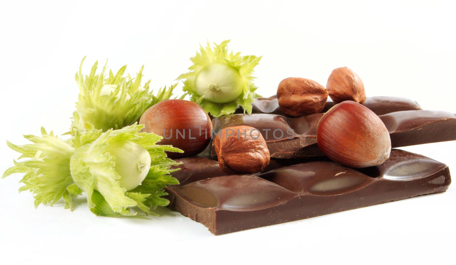 Piece of chocolate and wood nuts on a white background