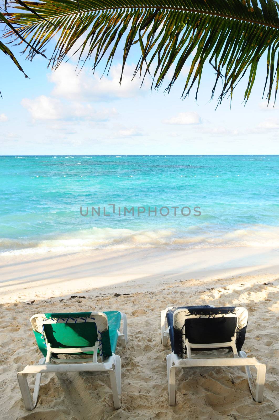 Beach chairs on ocean shore by elenathewise