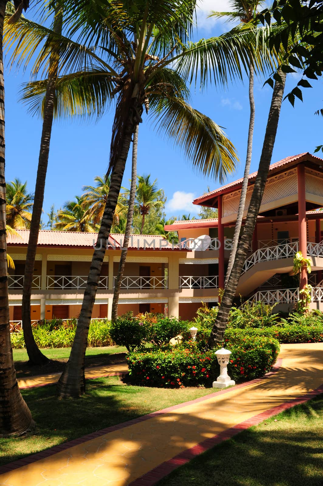 Luxury hotel at tropical resort with palm trees