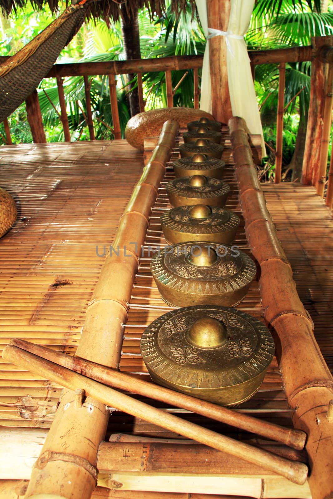 a row of brass gong percussion  instrument also known as kulintang
