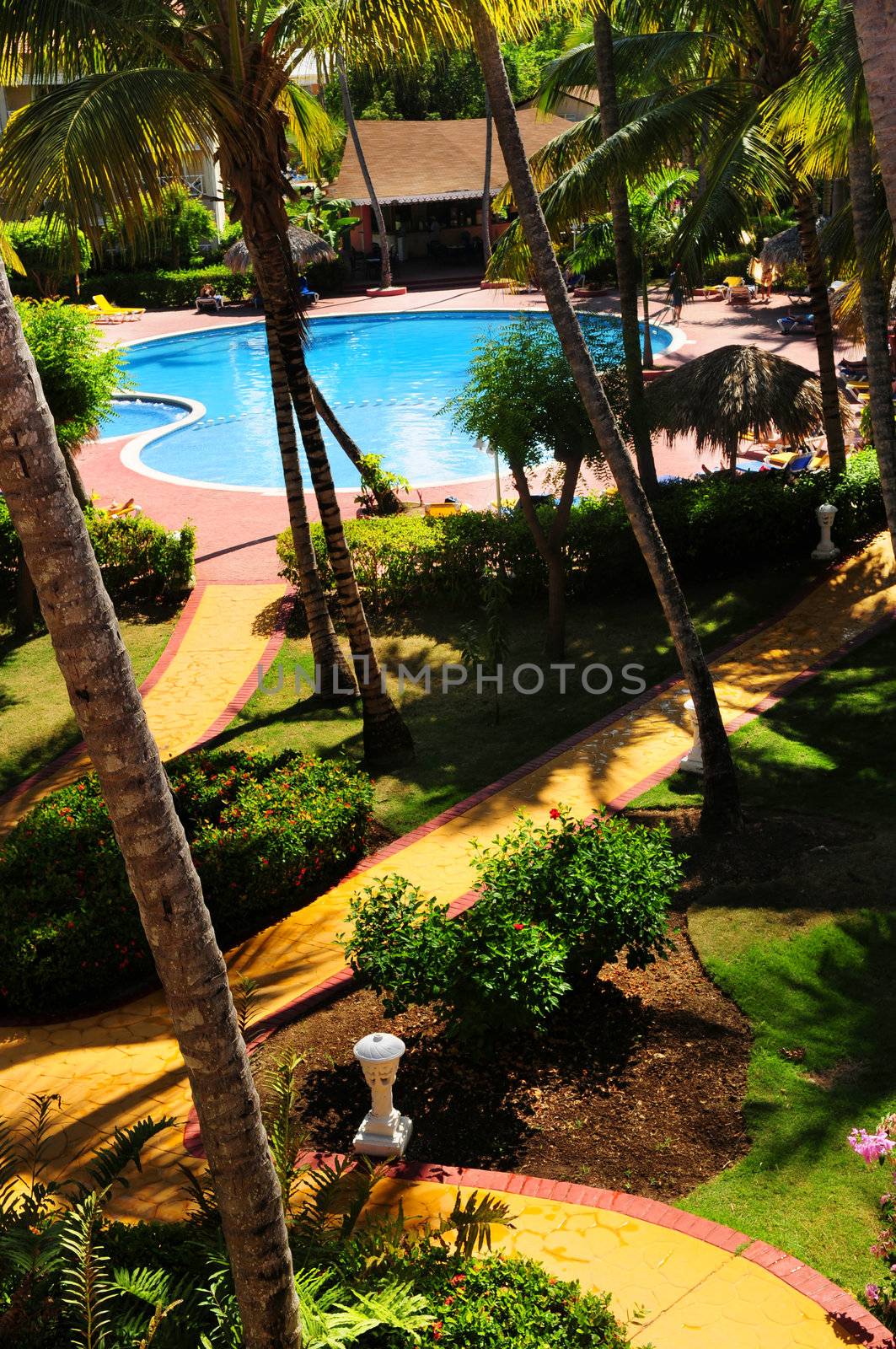 Swimming pool and garden landscaping at tropical resort