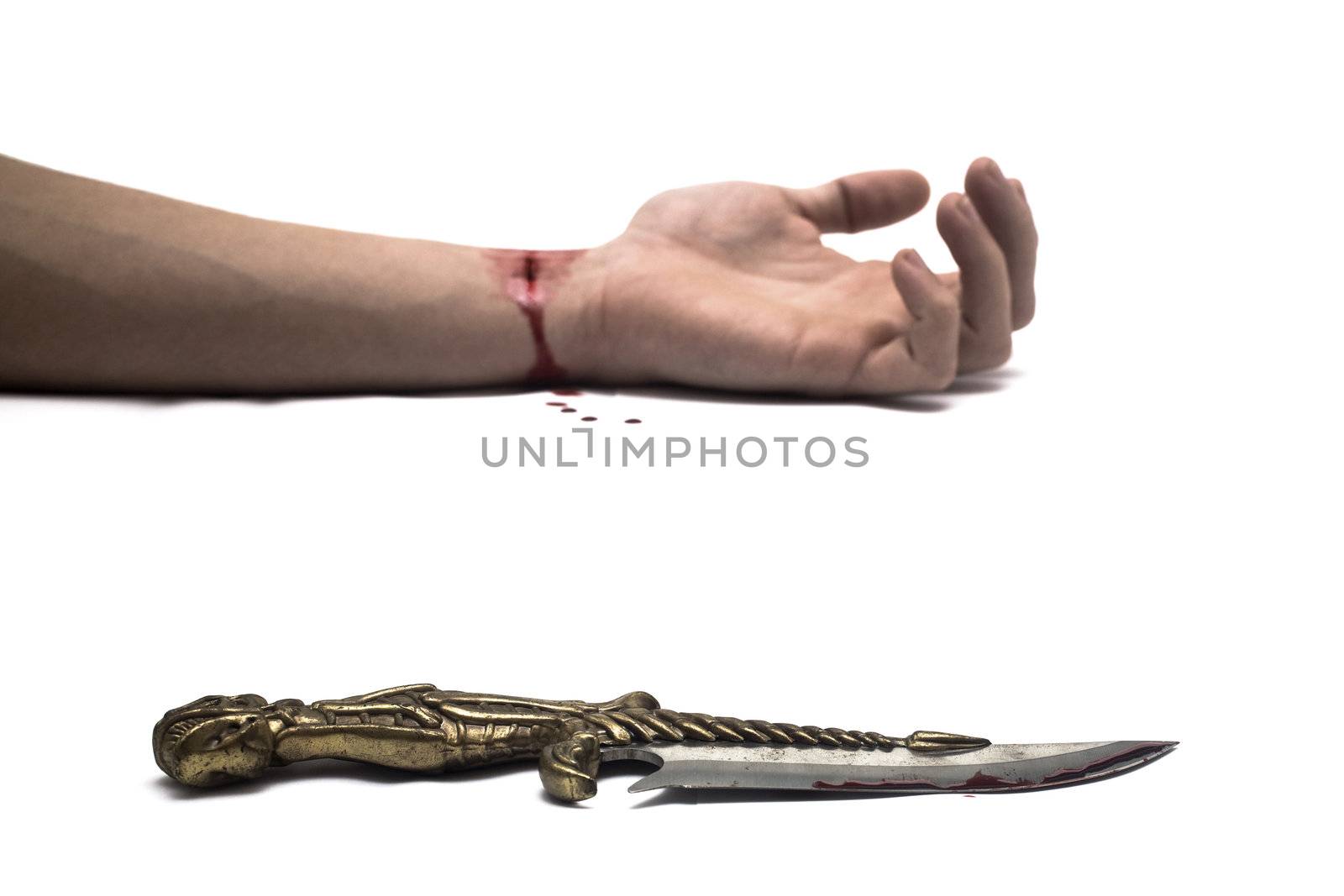 A bloody knife and a cut wrist, isolated on white. This image has innumerous uses like accidents, domestic violence, suicide, murder, hate, etc...
