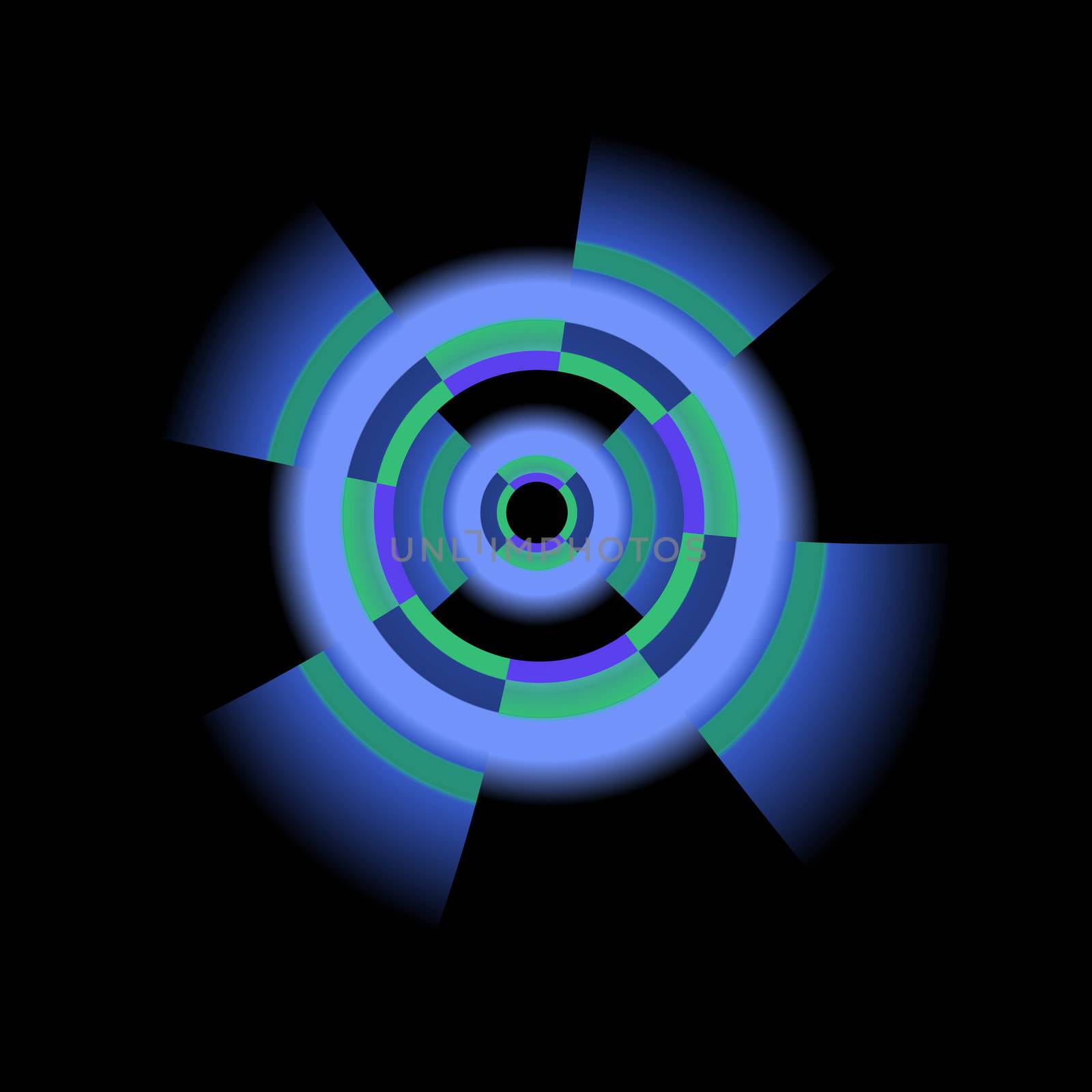 An abstract fractal done in shades of blue and green and designed to look like the center of a fan.
