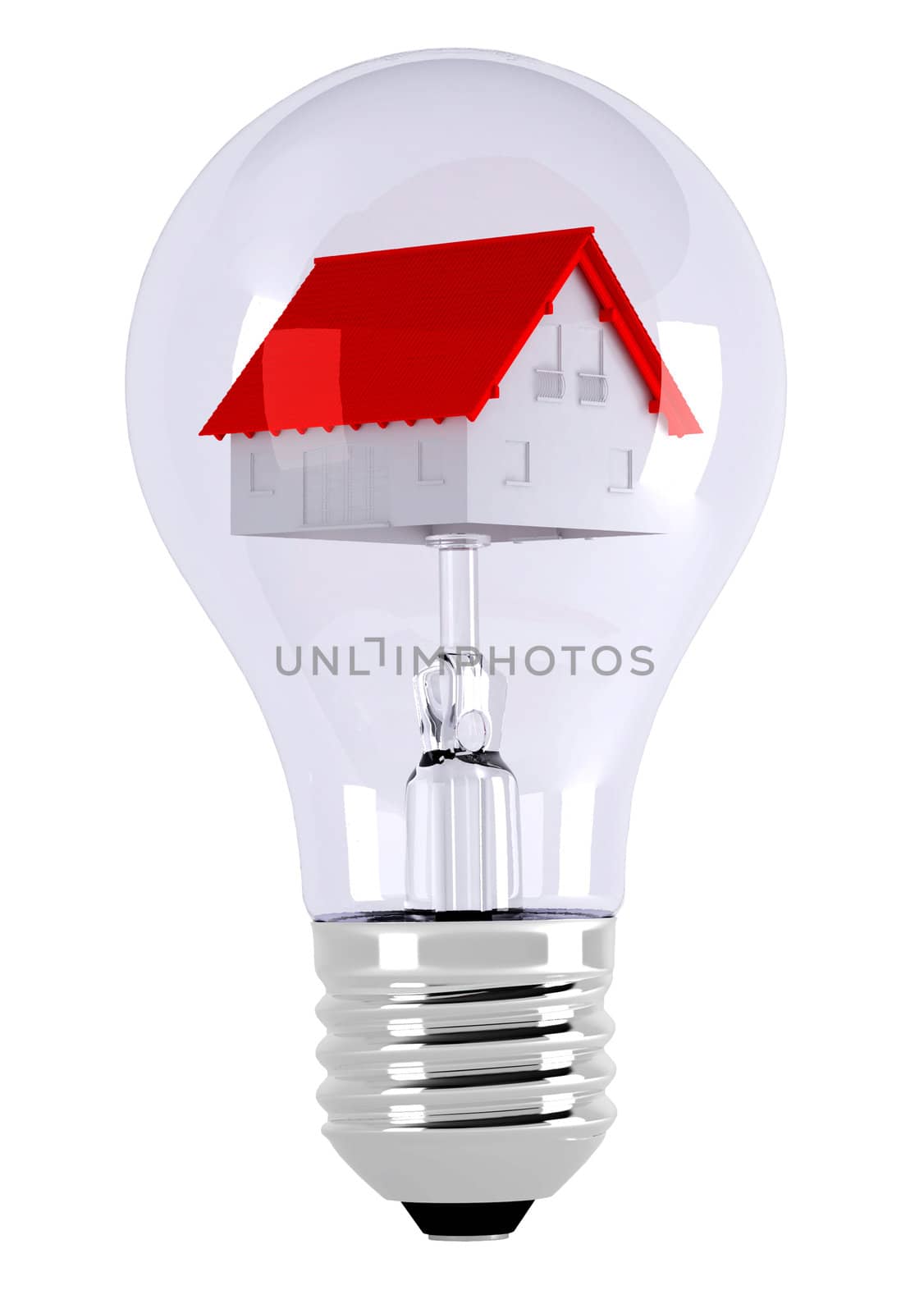 Light bulb. Little house. 3d illustration over  white backgrounds.