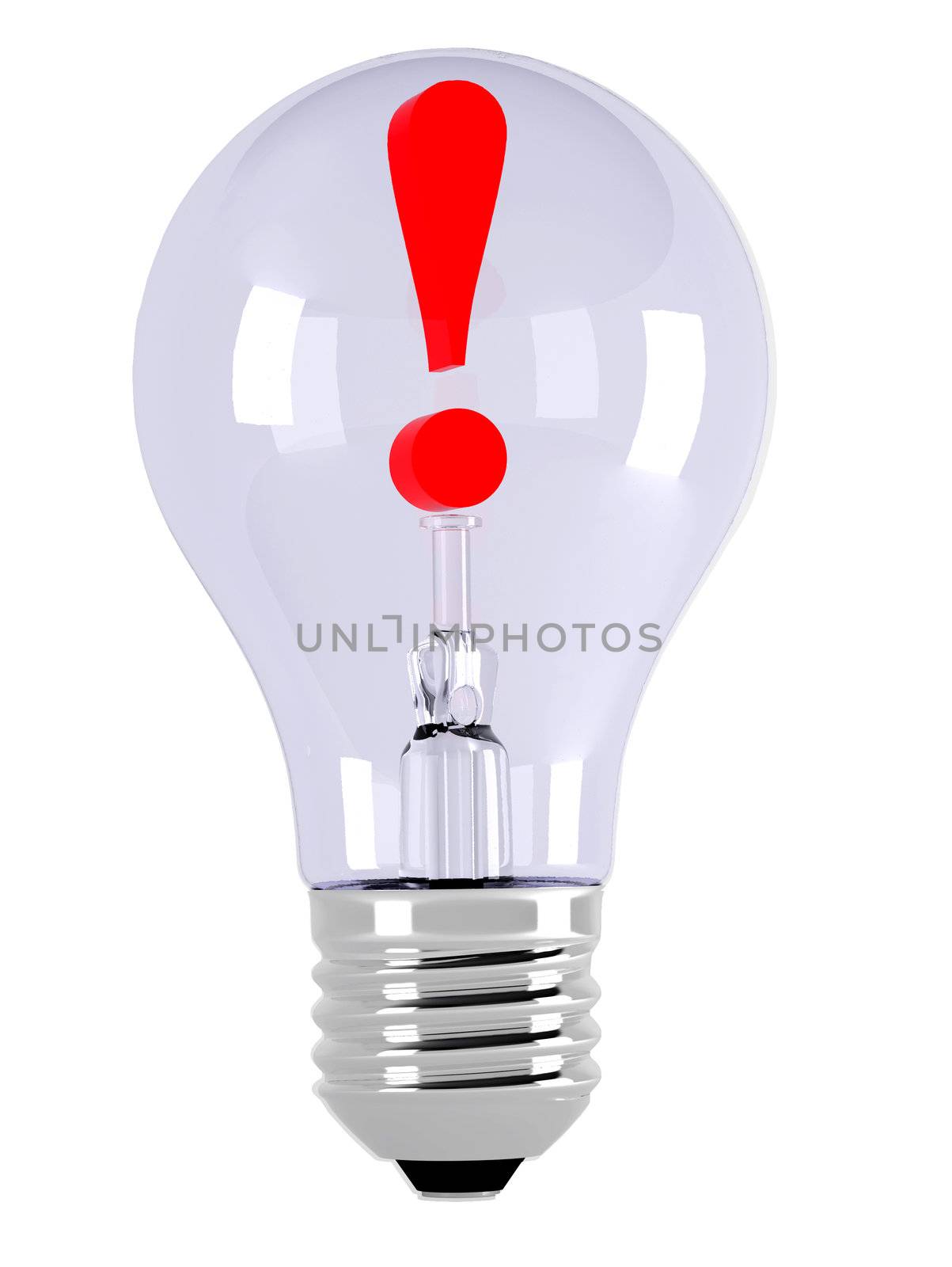 Light bulb and exclamation mark. 3d illustration over  white backgrounds.