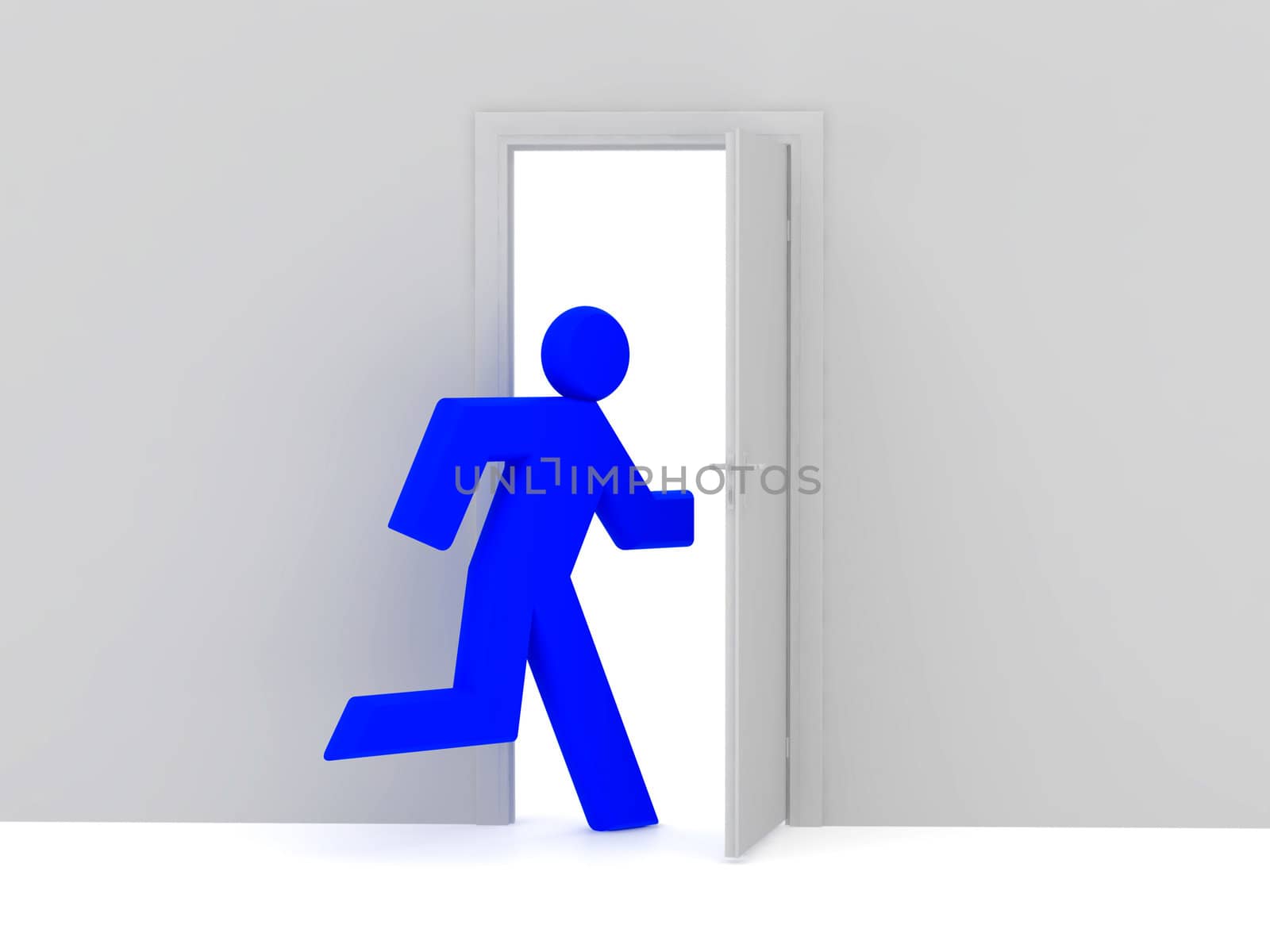 Man 3d rendered illustration isolated on white background and door. High resolution image.
