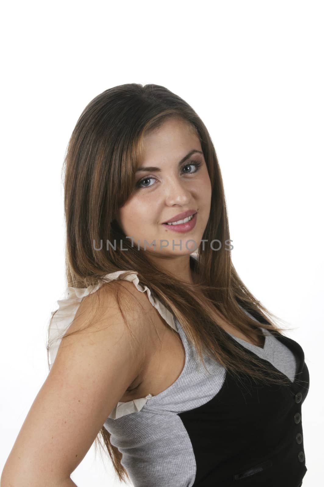 closeup of pretty hispanic model looking over shoulder isolated on white