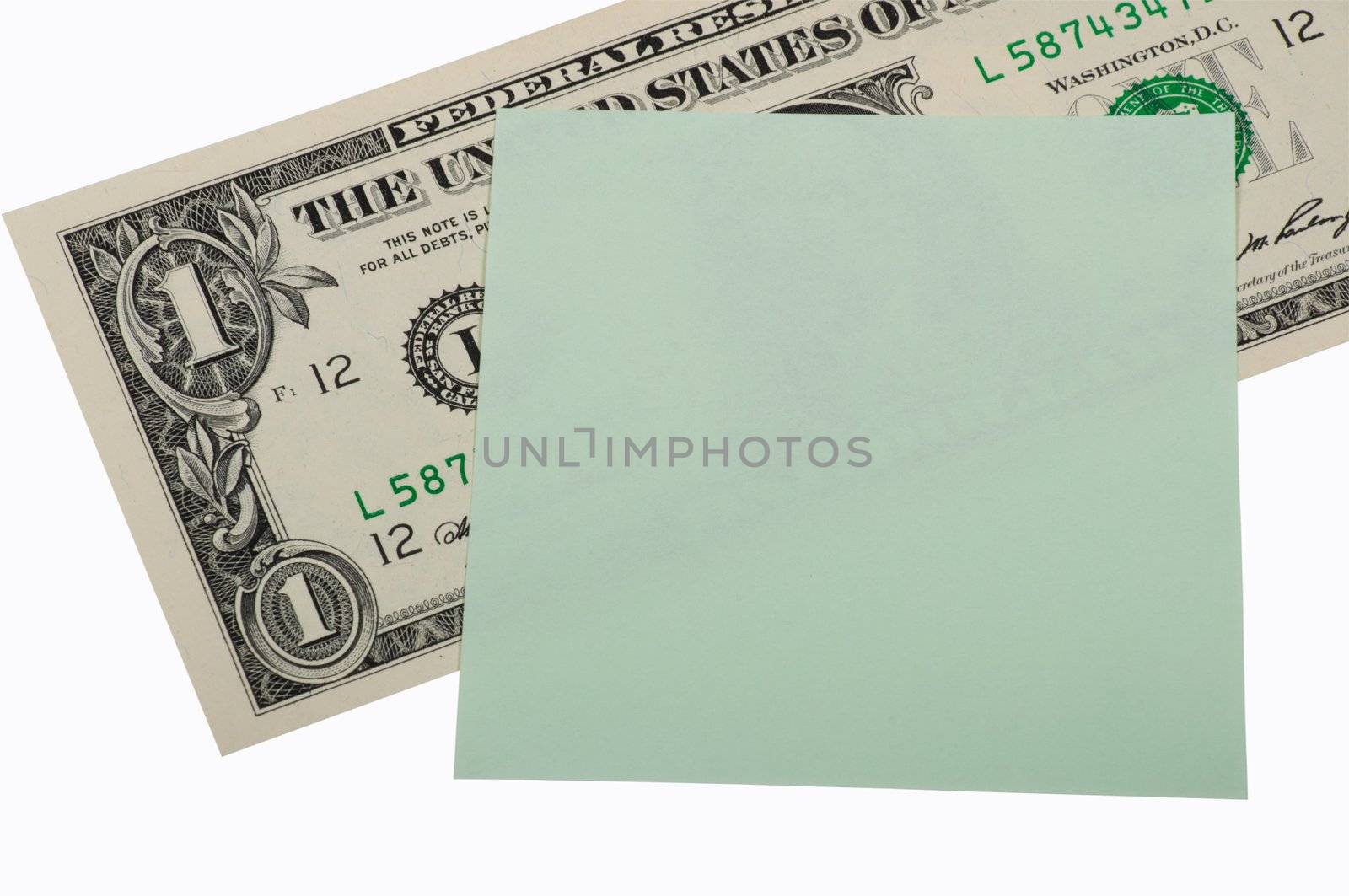 Money and sticker on a white background. Business concept, donation.