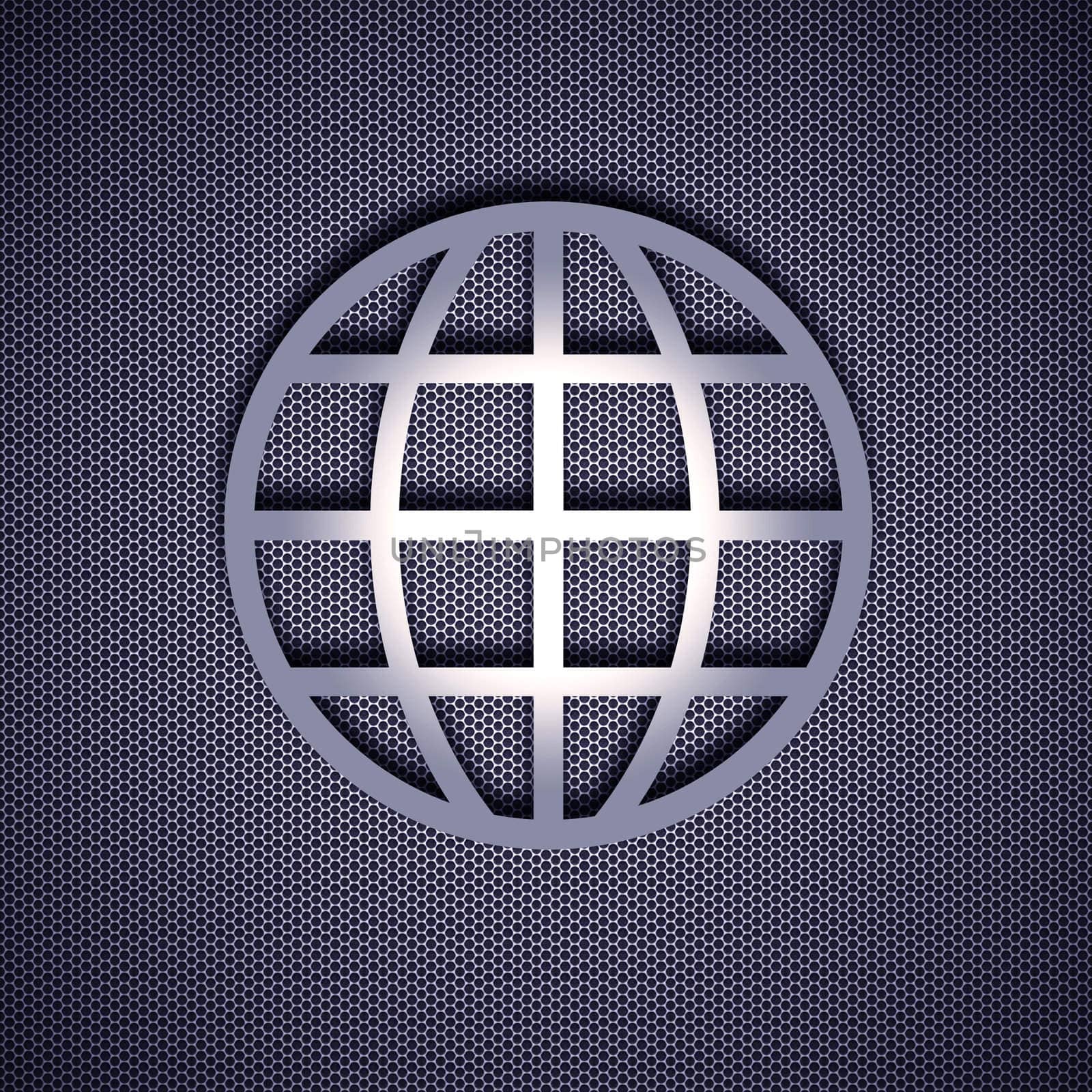 Globe symbol with 3d effect, symbol isolated on metal background. Steel background.