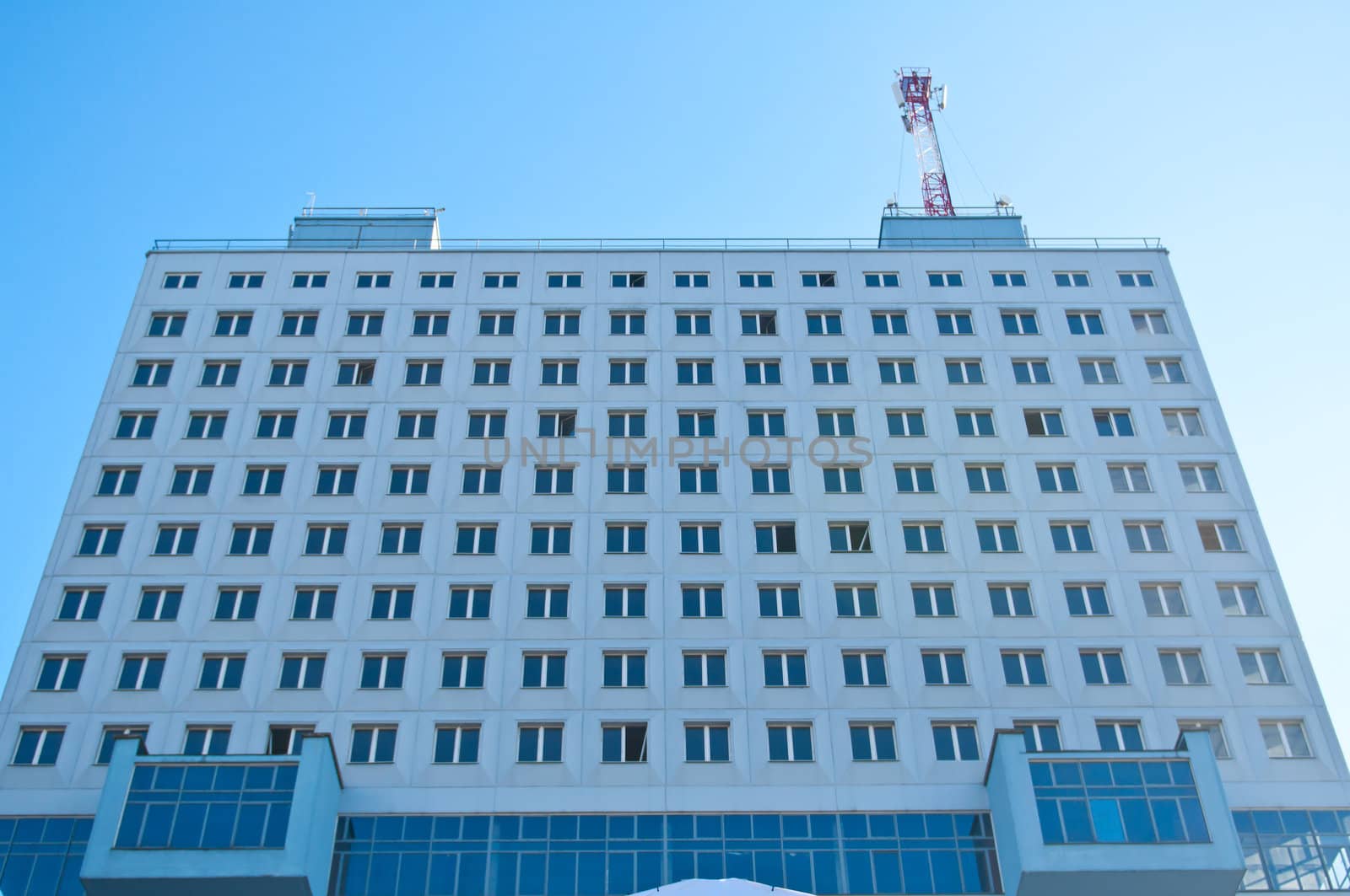 Tallest building in the city of Kaliningrad on the background of blue sky.