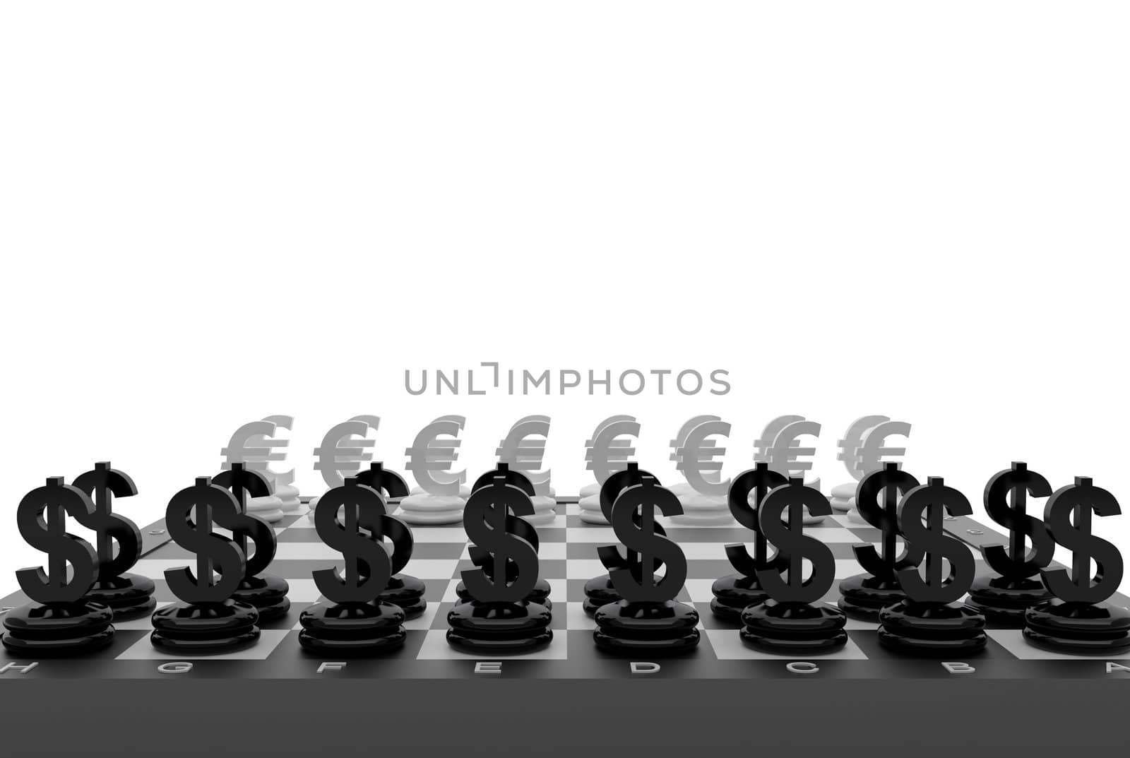 Chessboard with Euro and Dollar currency symbols. High resolution image.