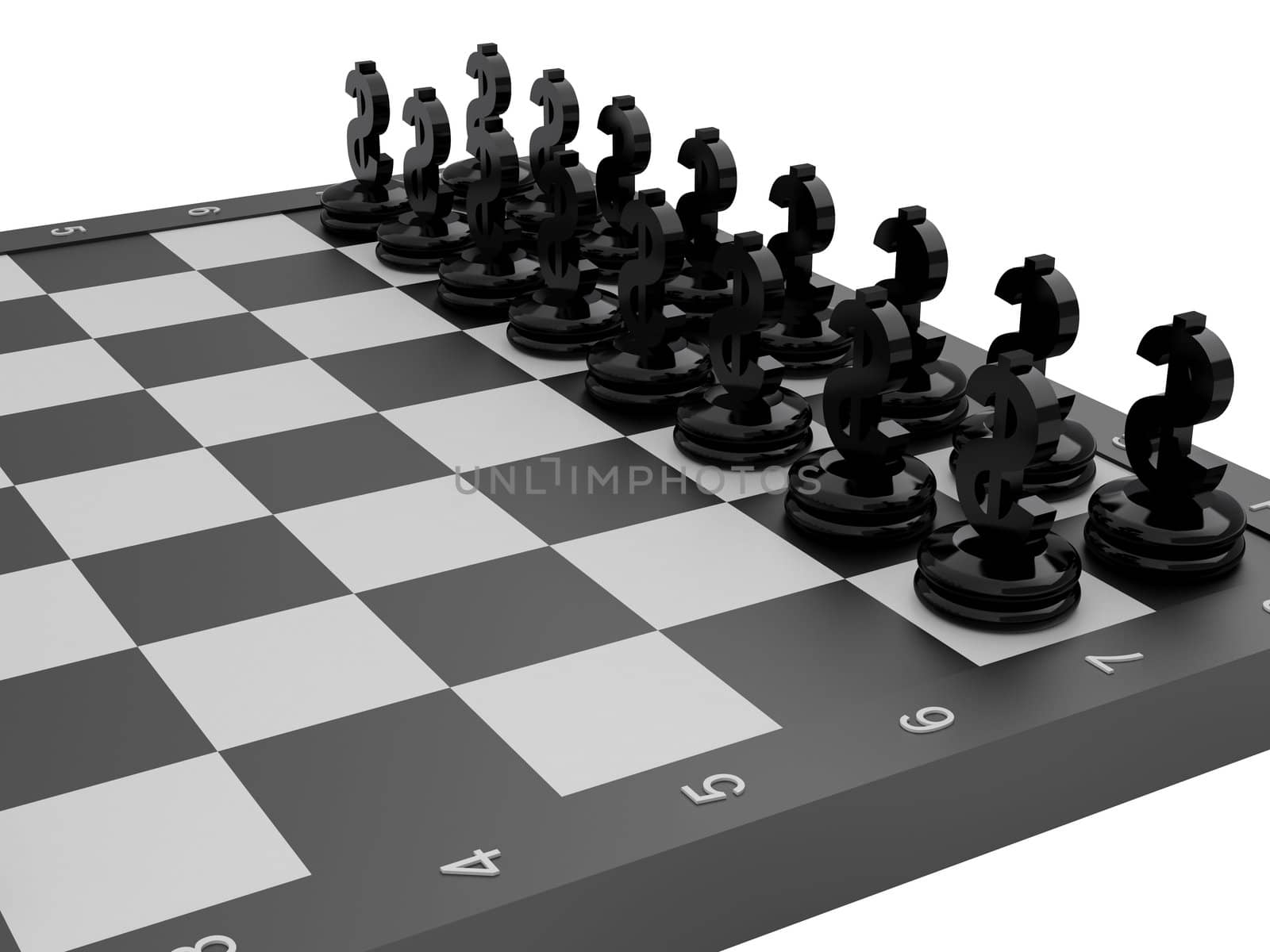 Chessboard with Euro and Dollar currency symbols. High resolution image.