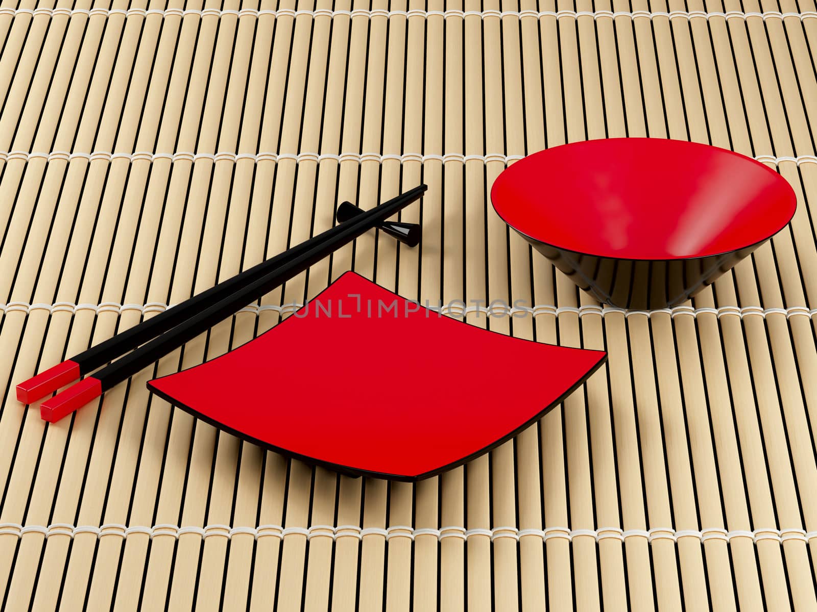 Two chopsticks and a plate. High resolution image. 3d render.