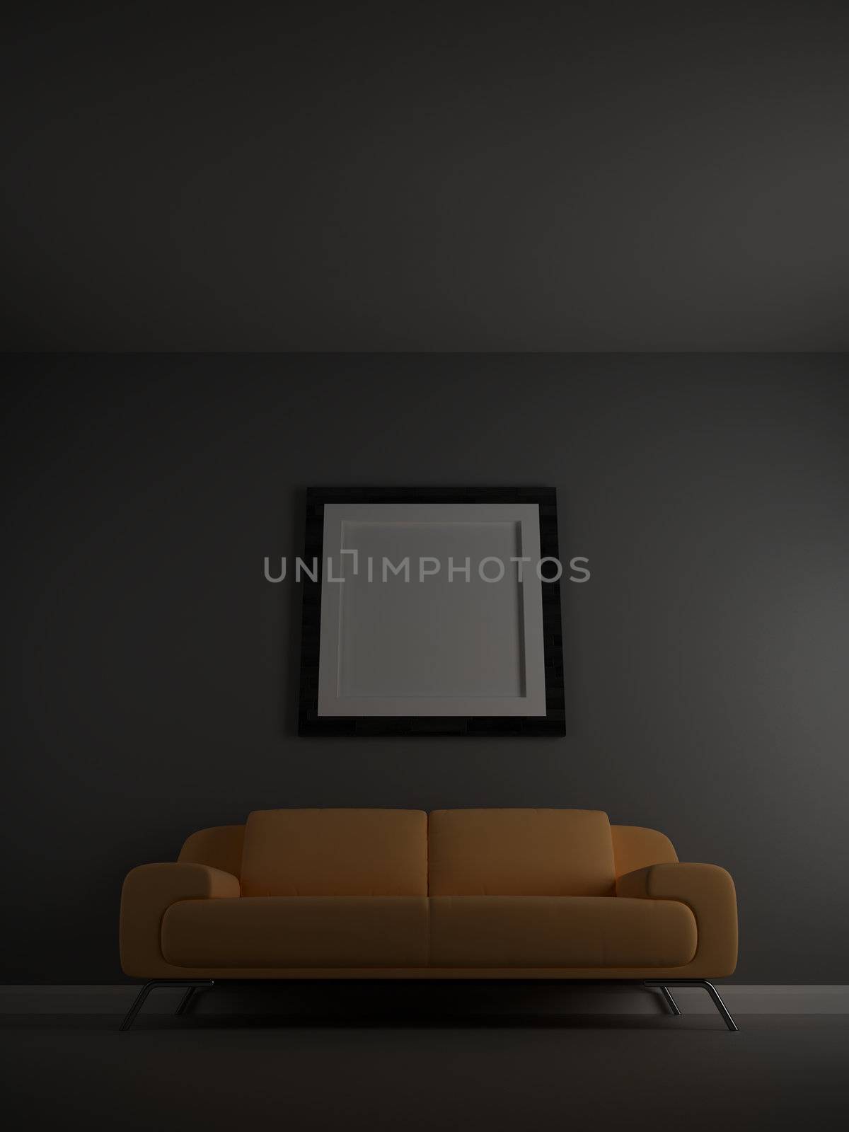 Sofa and painting in the room. High resolution image. 3d rendered illustration.