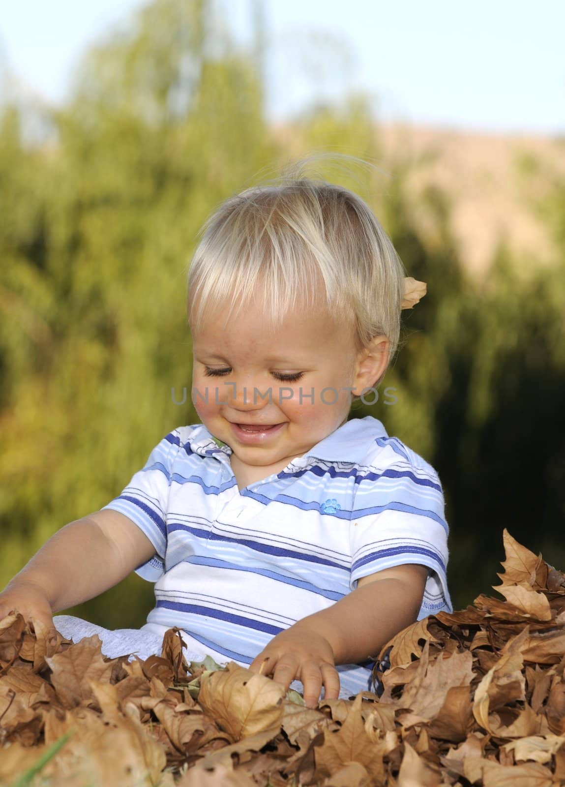 Infant playing in the leave during fall