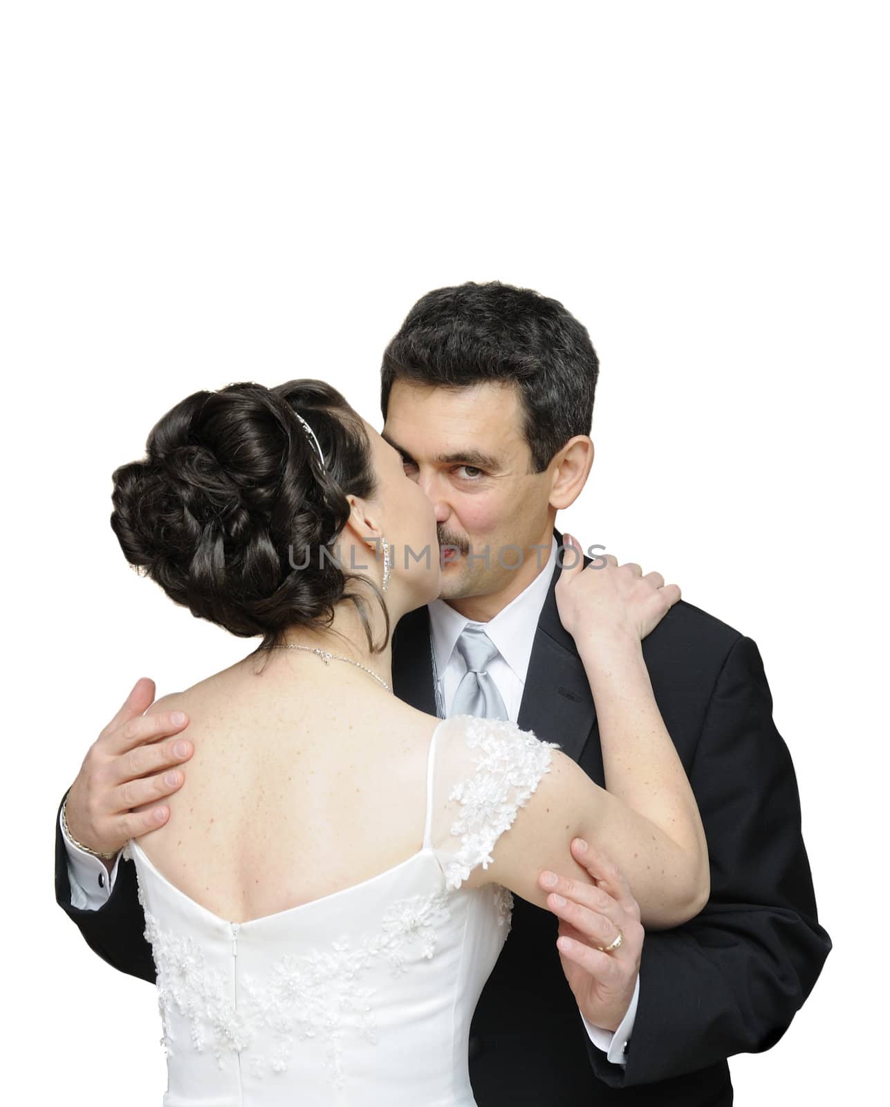 Bride and groom kissing, isolated on white