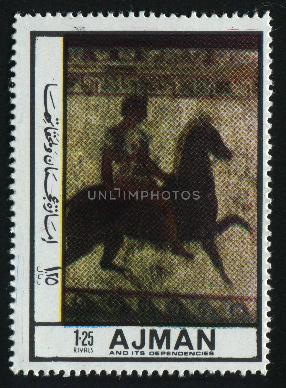 AJMAN - CIRCA 1972: Ancient picture, the person on a horse, circa 1972.