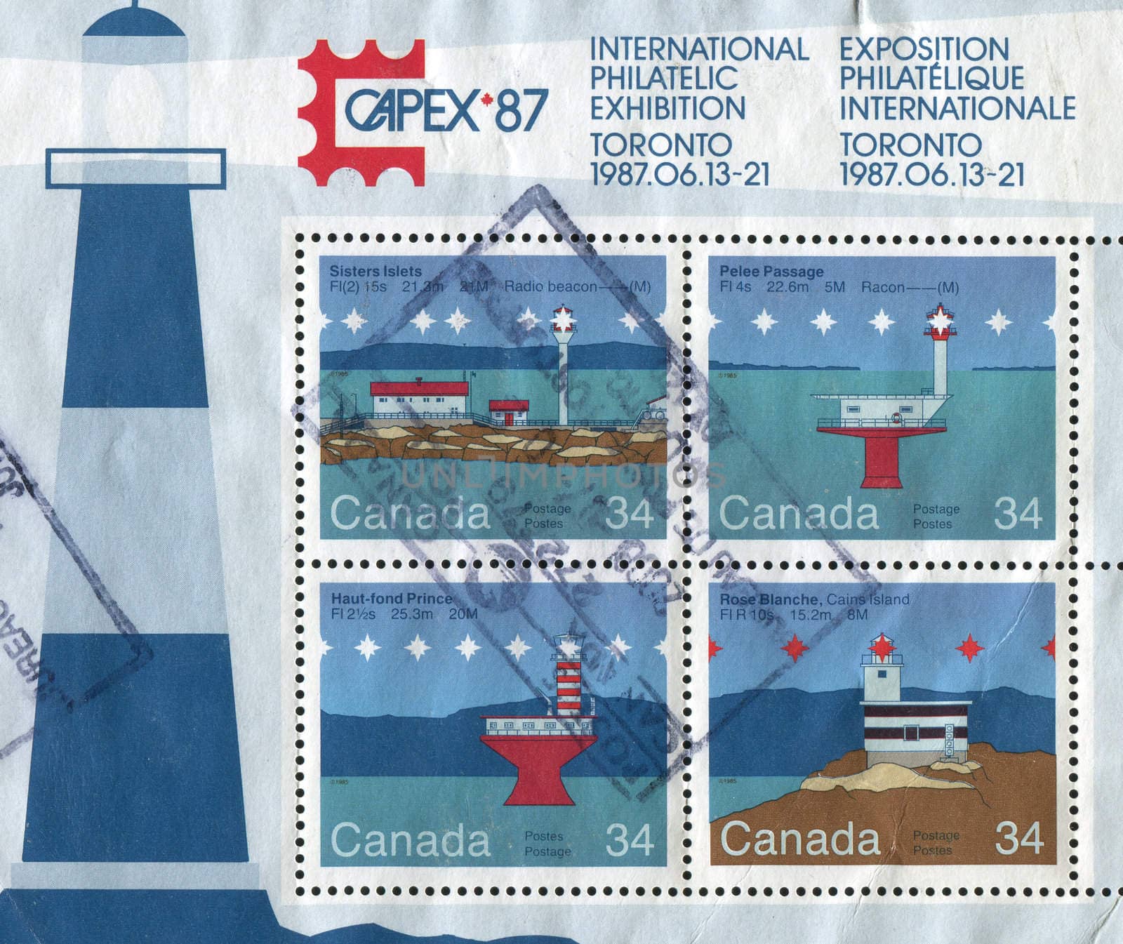 CANADA - CIRCA 1985: Lighthouses. Sisters Islets. Pelee Passage. Haut-fond Prince. Rose Blanche, circa 1985.