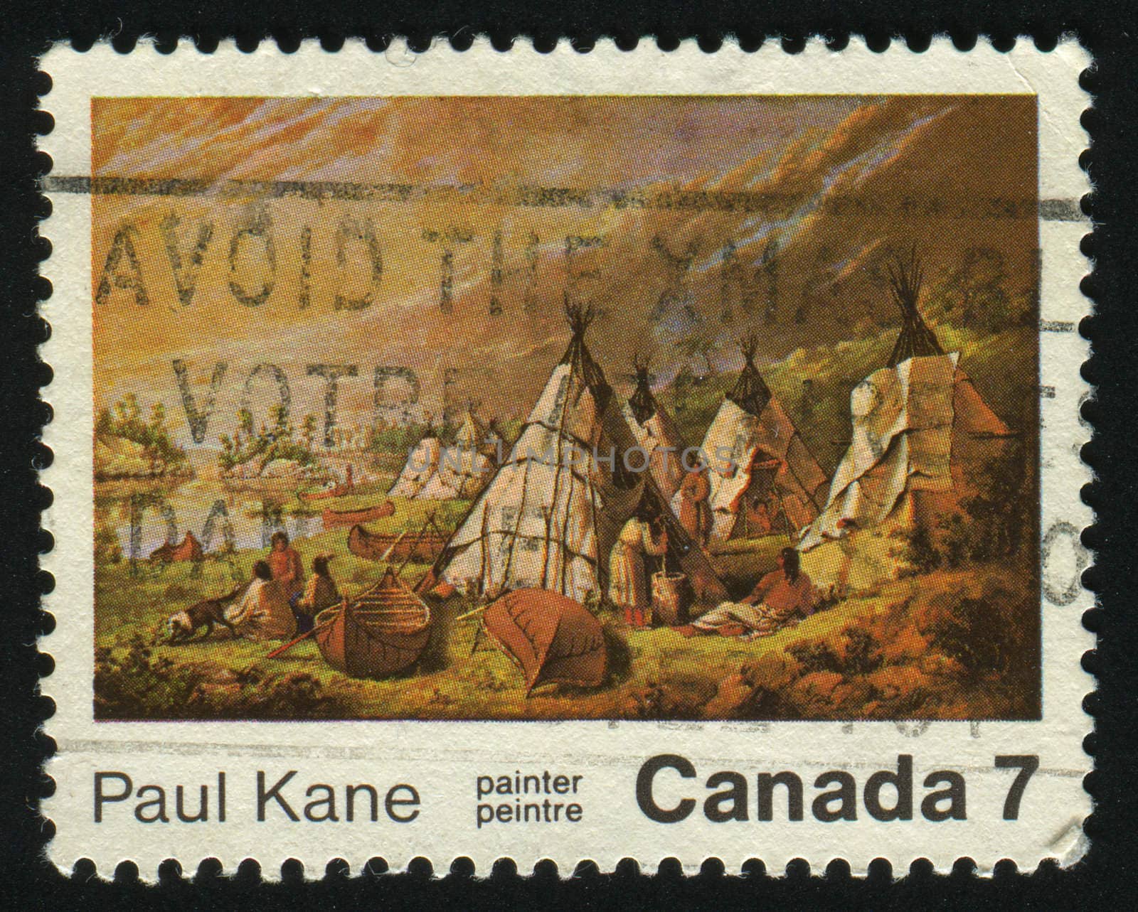 CANADA - CIRCA 1971: Indian Encampment on Lake Huron by Kane, circa 1971.