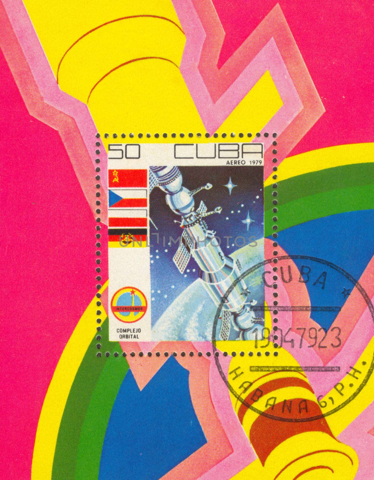 The first Cuban cosmonaut. The scanned stamp. Planet the Earth.