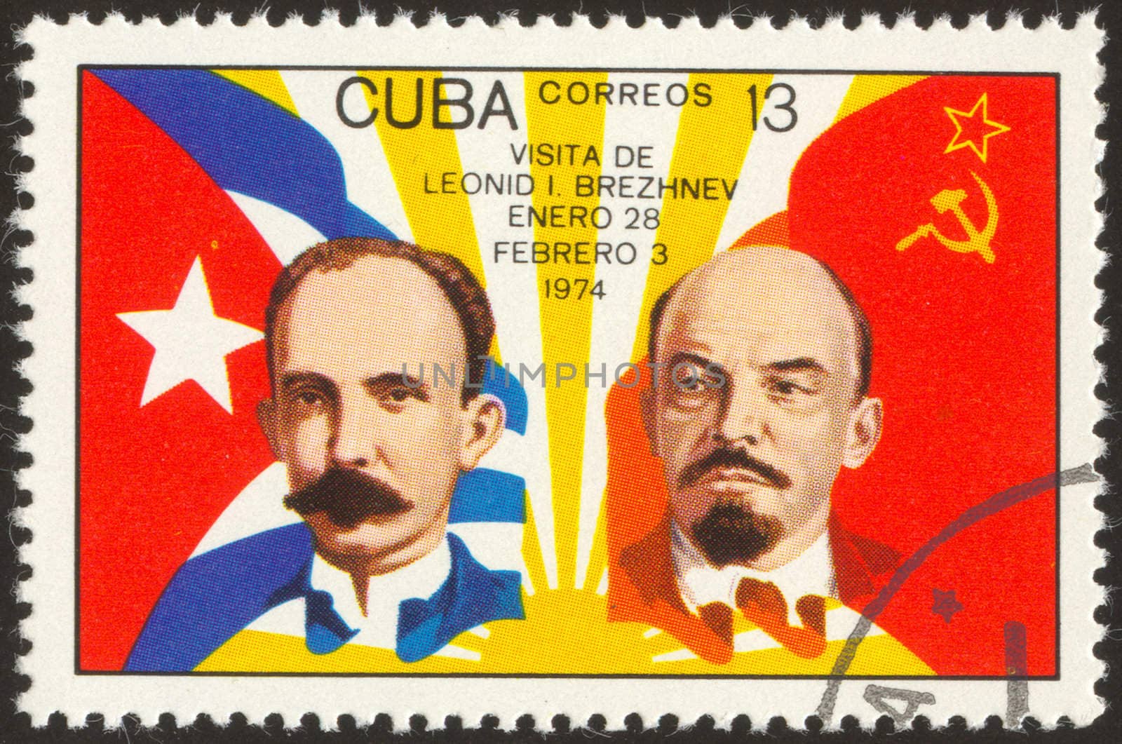 The scanned stamp. The Cuban stamp. Two men against flags.