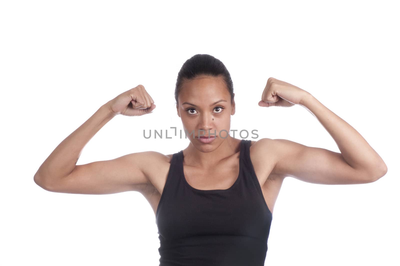 Beautiful african american woman flexing muscles