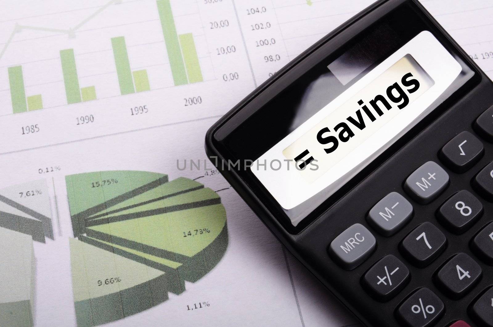 save money concpet with word savings on calculator