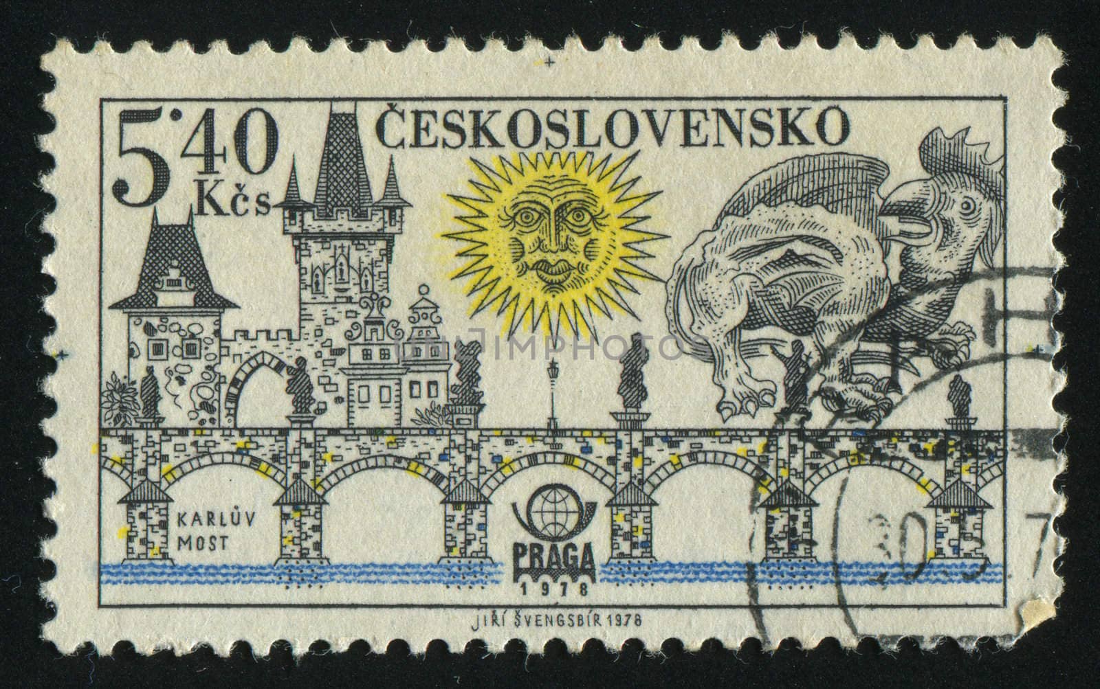 CZECHOSLOVAKIA - CIRCA 1978: Prague bridges and Praga 78 emblem: Charles Bridge, circa 1978.