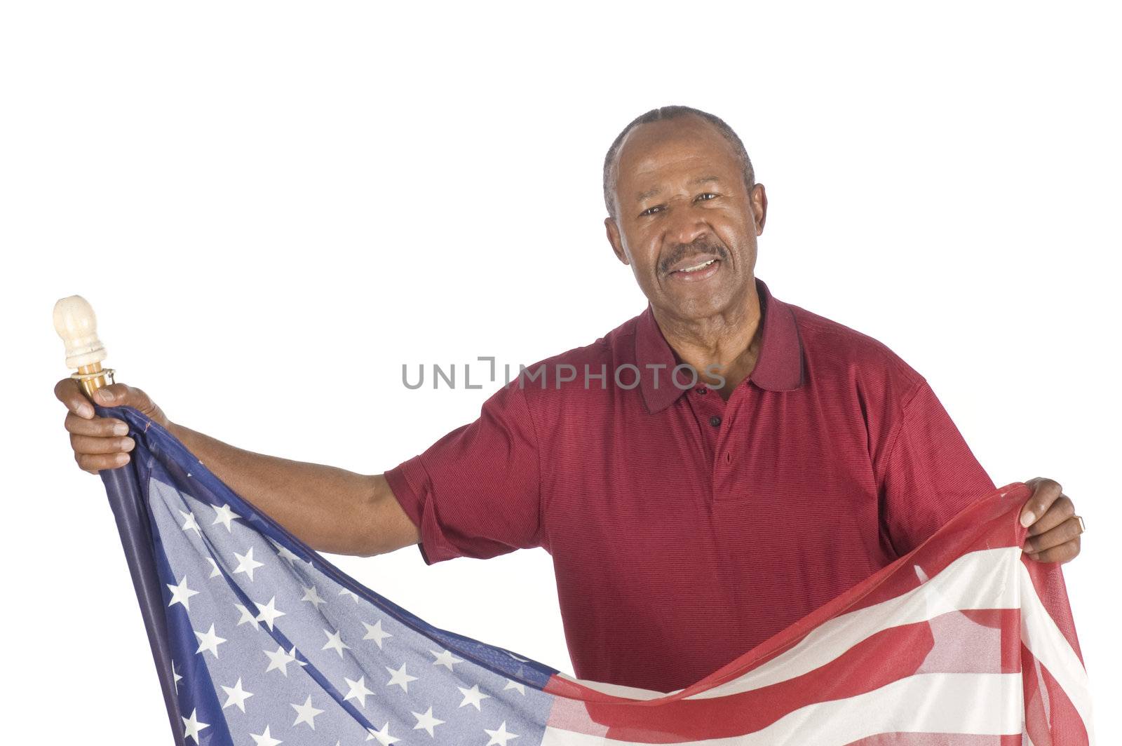 African American senior citizen with Stars and stripes isolated over white