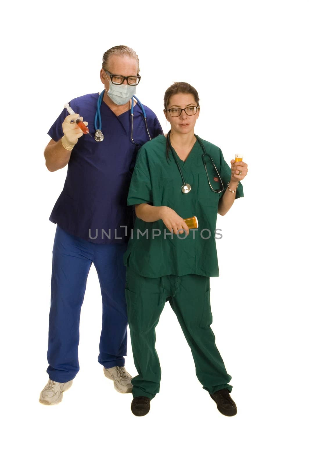 nurse and doctor prepared to administer drug and take samples with stethoscopes around necks and  isolated on white