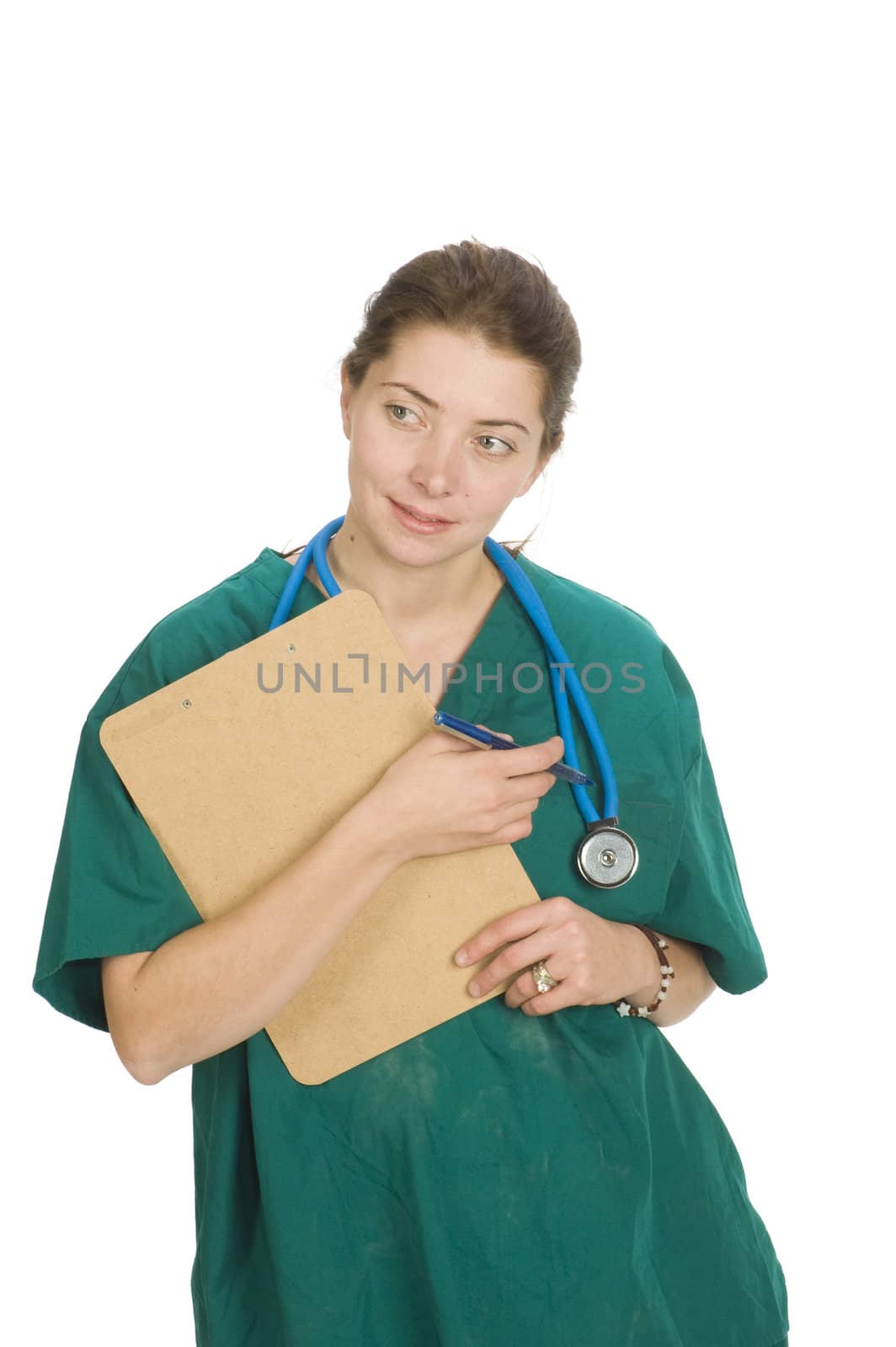 female nurse or doctor with chart and stethoscope around neck,  isolated on white
