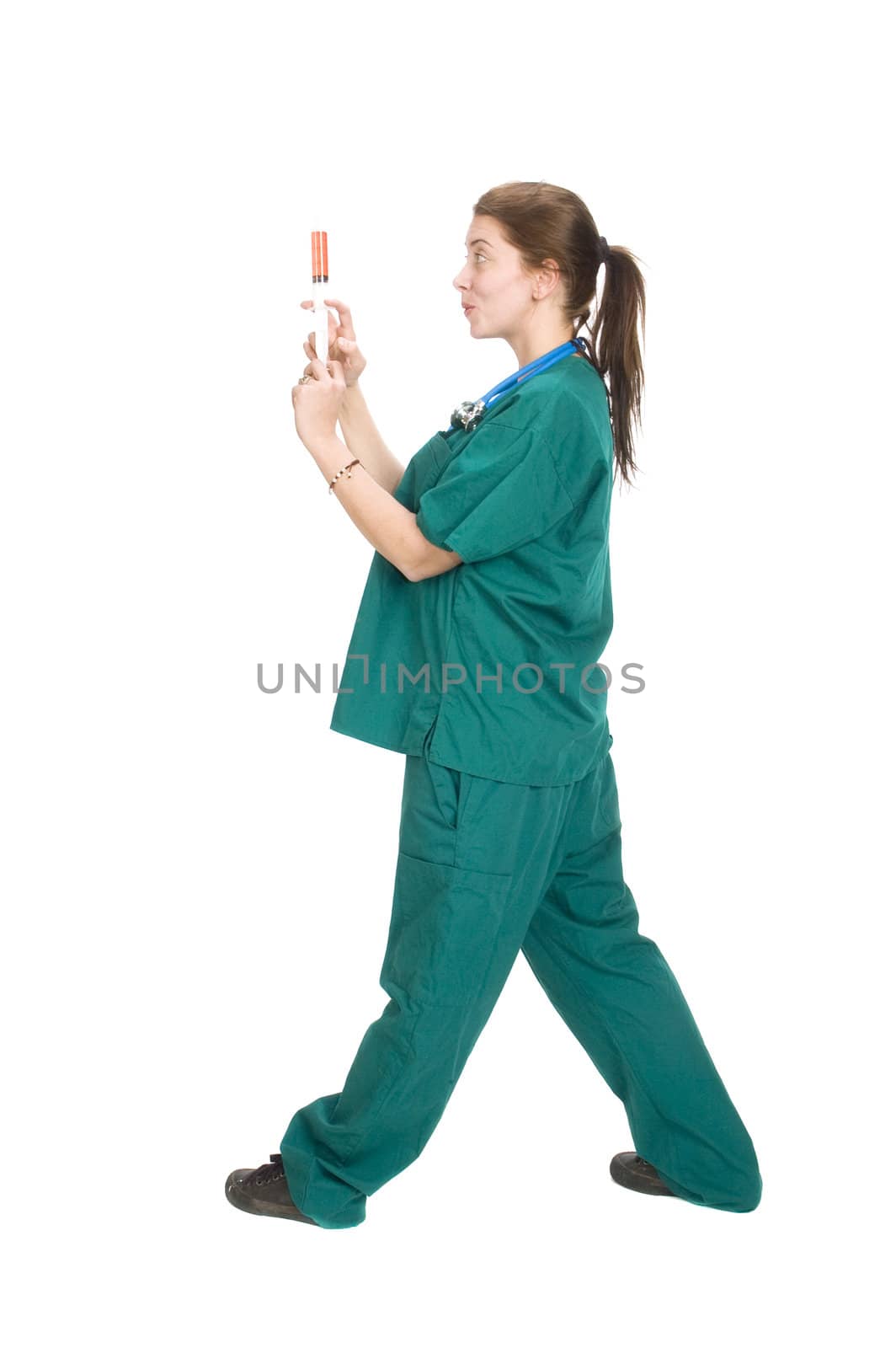 female nurse or doctor with syringe,  isolated on white