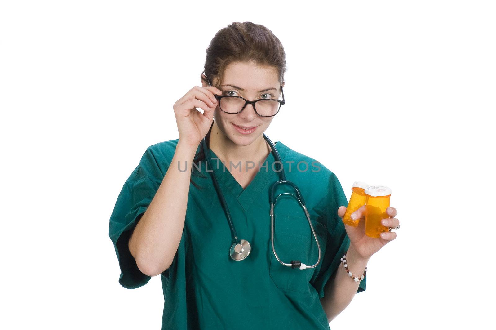 Male nurse or doctor with chart and stethoscope around neck,  isolated on white