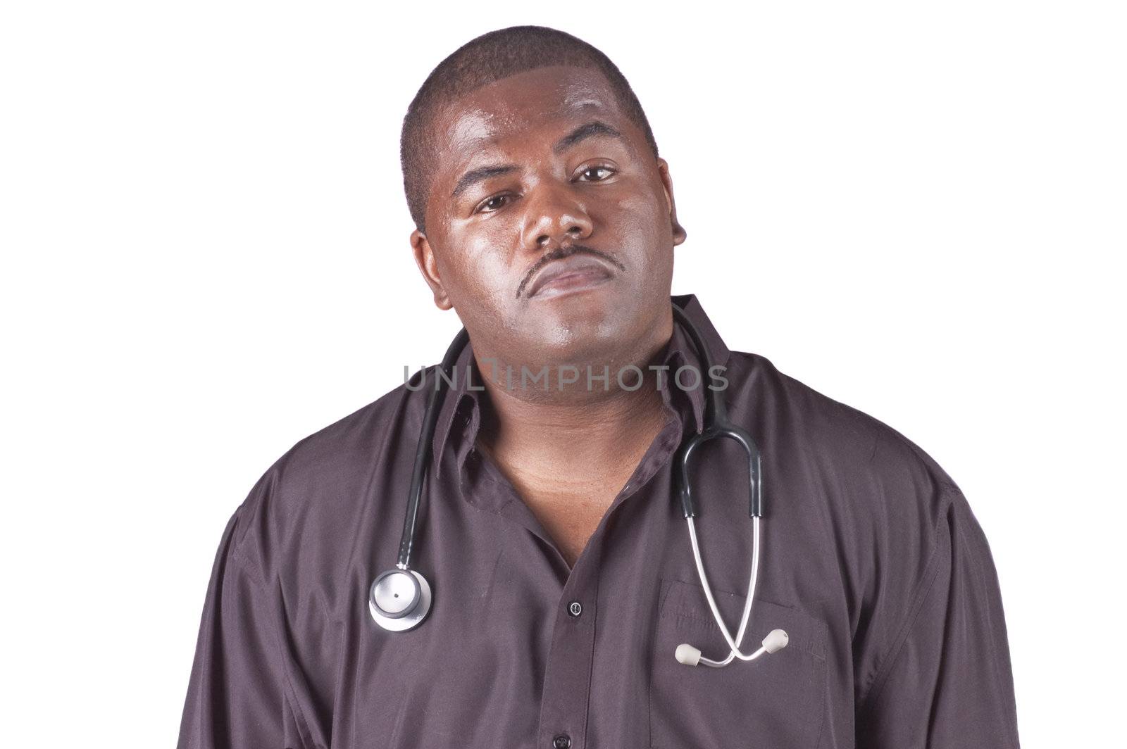 African American doctor with  sthoscope around neck isolated against white background