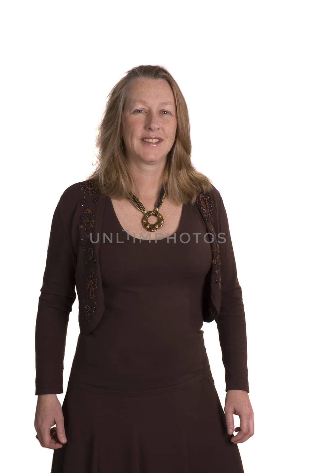 Friendly smiling middle-aged woman shot from above for dating service image, isolated on white