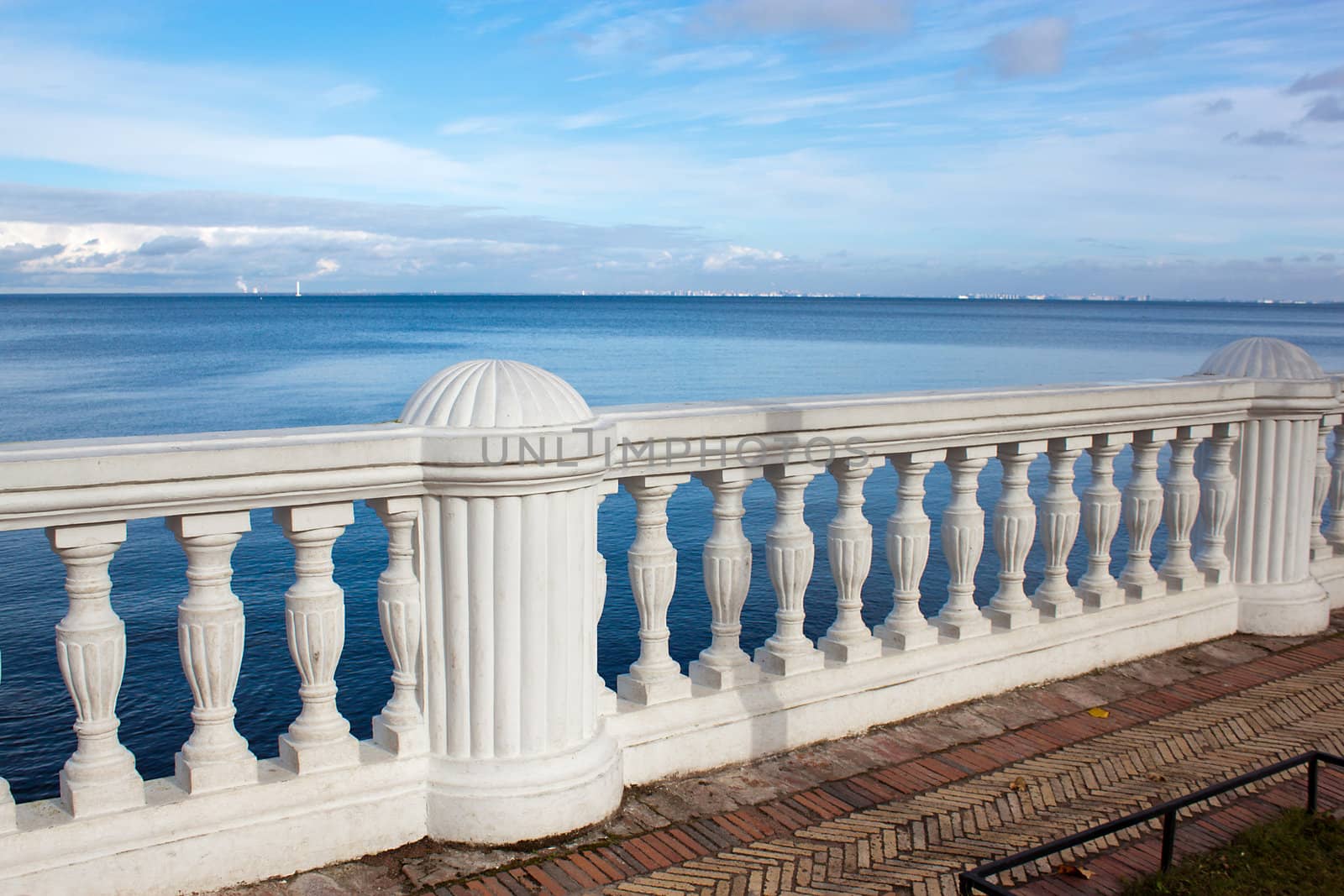 White column with water and sky in Peterhof (Petergof), Russia