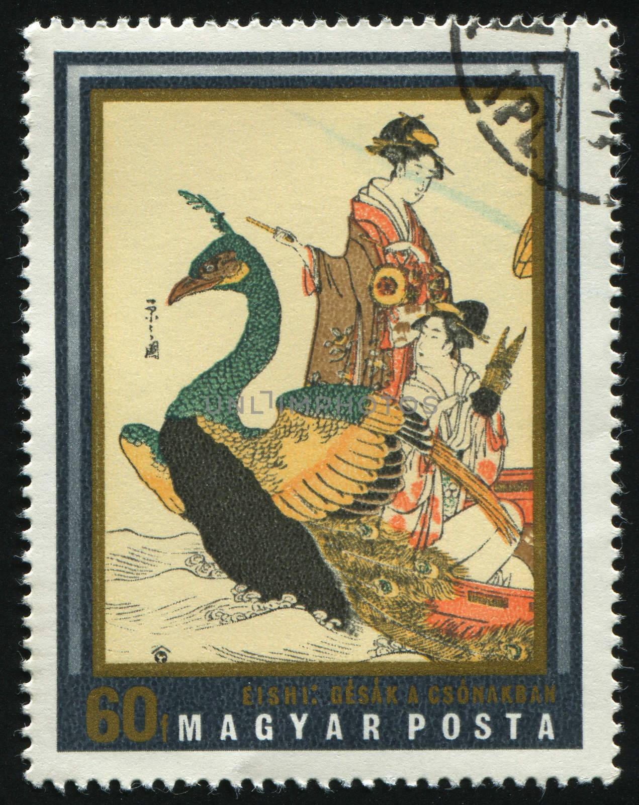 HUNGARY -CIRCA 1971: Japanese prints from museum of east Asian art, Budapest Geisha in boat, by Yeishi, circa 1971.